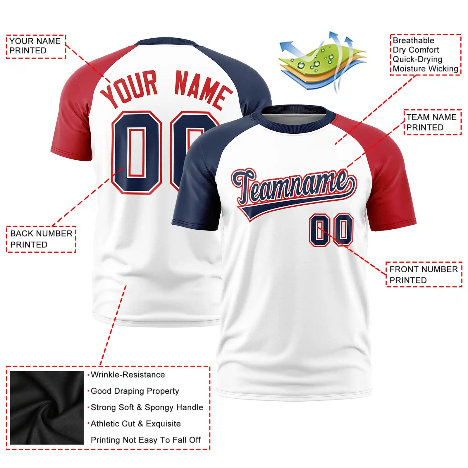 Custom White Navy-Red Crew Neck Two Tone Sleeve Design Performance T-Shirt