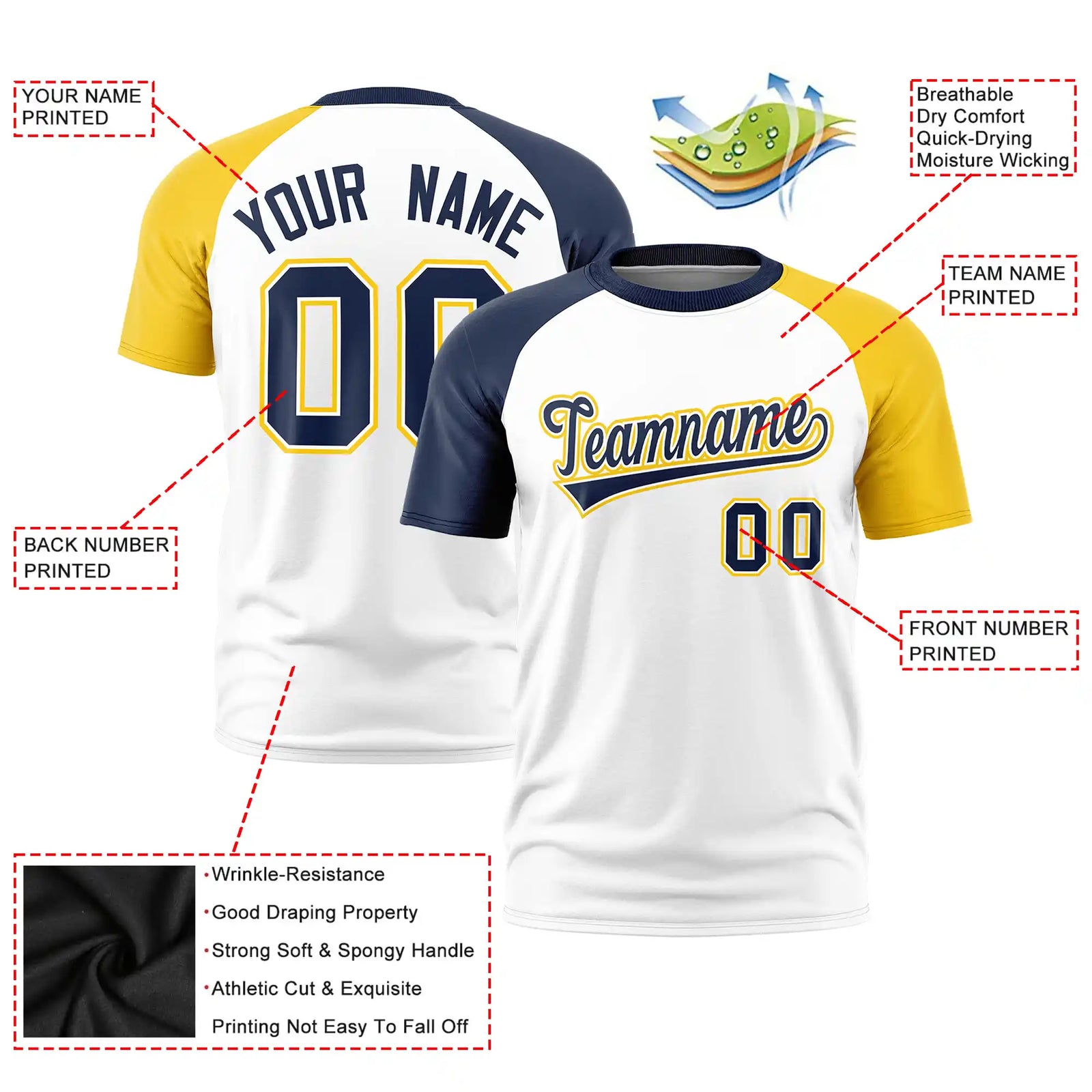 Custom White Navy-Gold01 Crew Neck Two Tone Sleeve Design Performance T-Shirt