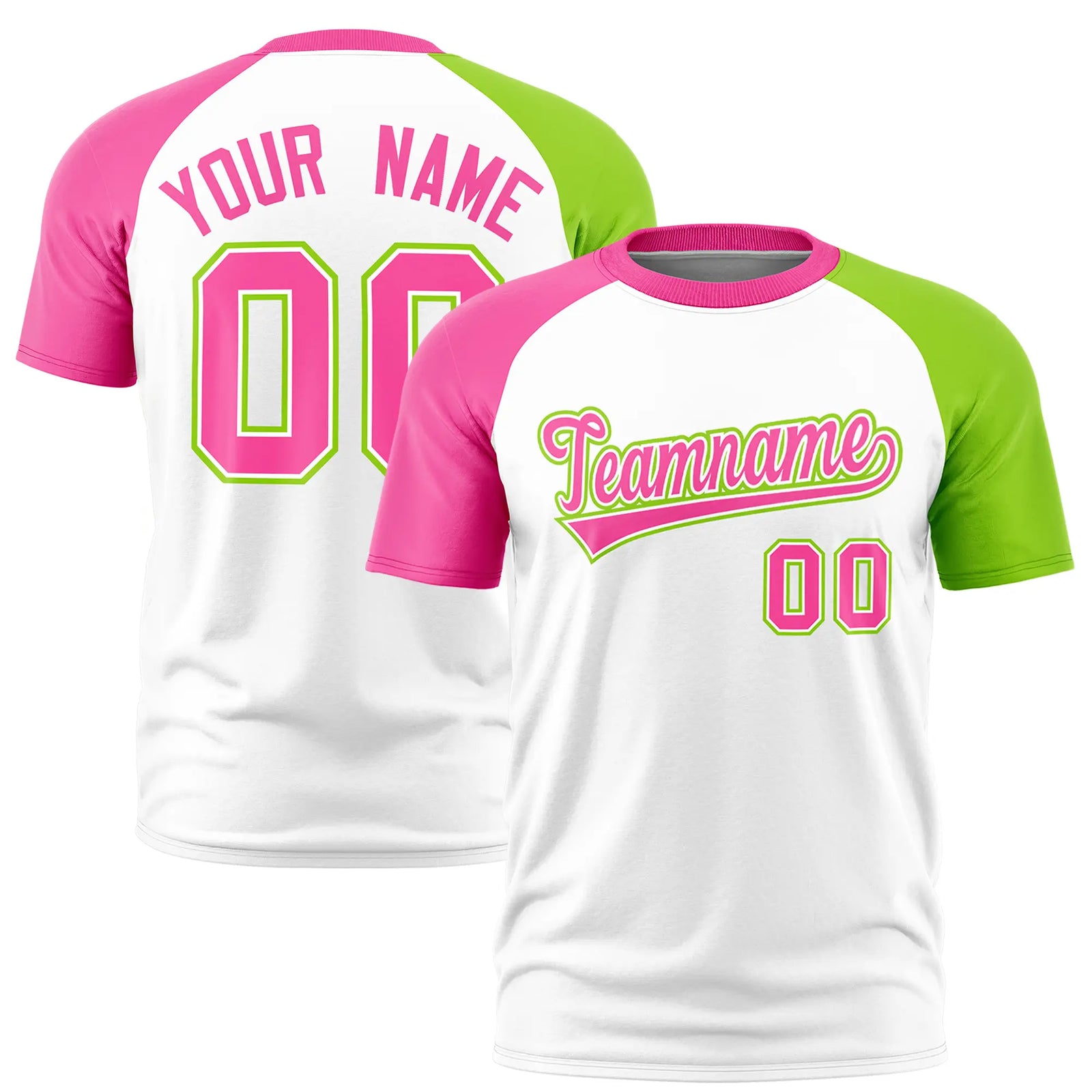 Custom White Pink-Neon Green Crew Neck Two Tone Sleeve Design Performance T-Shirt