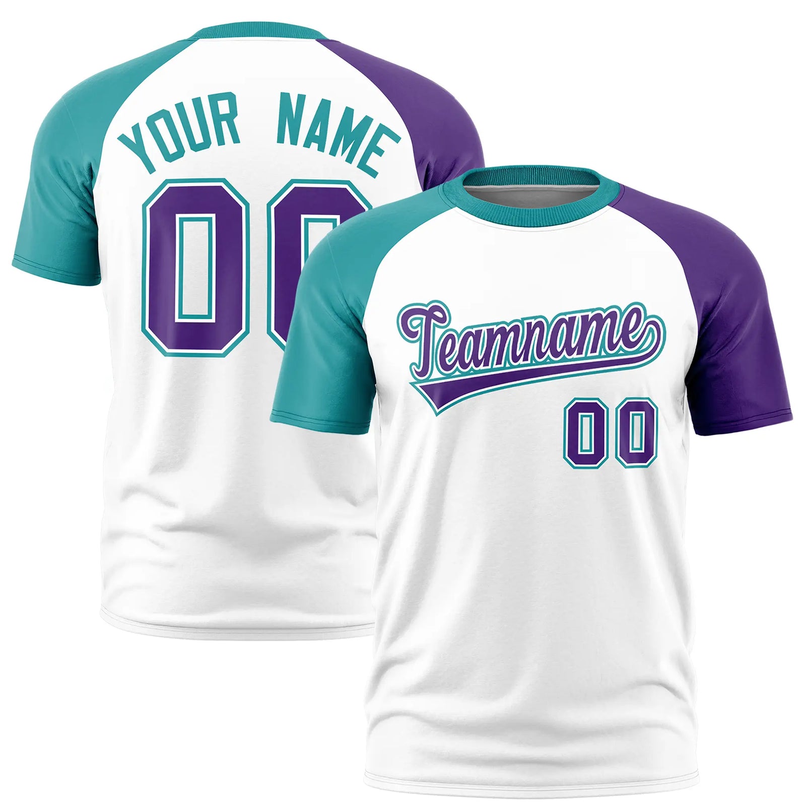 Custom White Aqua-Purple Crew Neck Two Tone Sleeve Design Performance T-Shirt