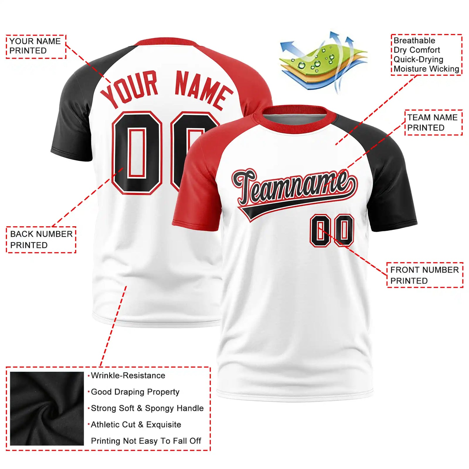 Custom White Red-Black Crew Neck Two Tone Sleeve Design Performance T-Shirt