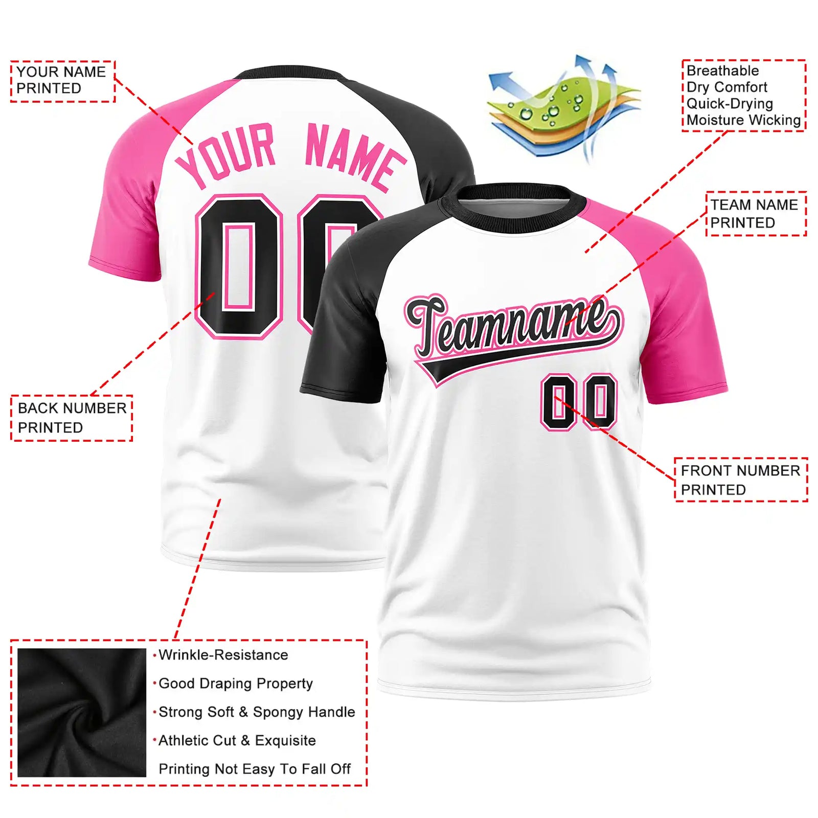 Custom White Black-Pink Crew Neck Two Tone Sleeve Design Performance T-Shirt