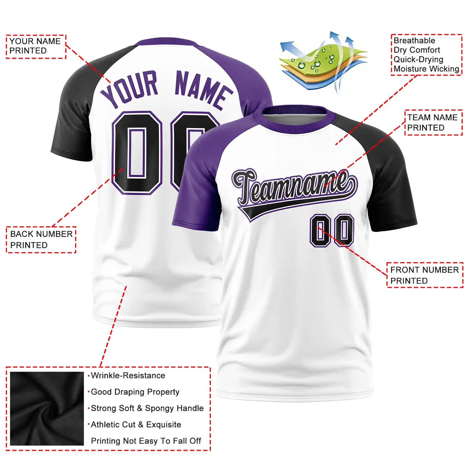Custom White Purple-Black Crew Neck Two Tone Sleeve Design Performance T-Shirt