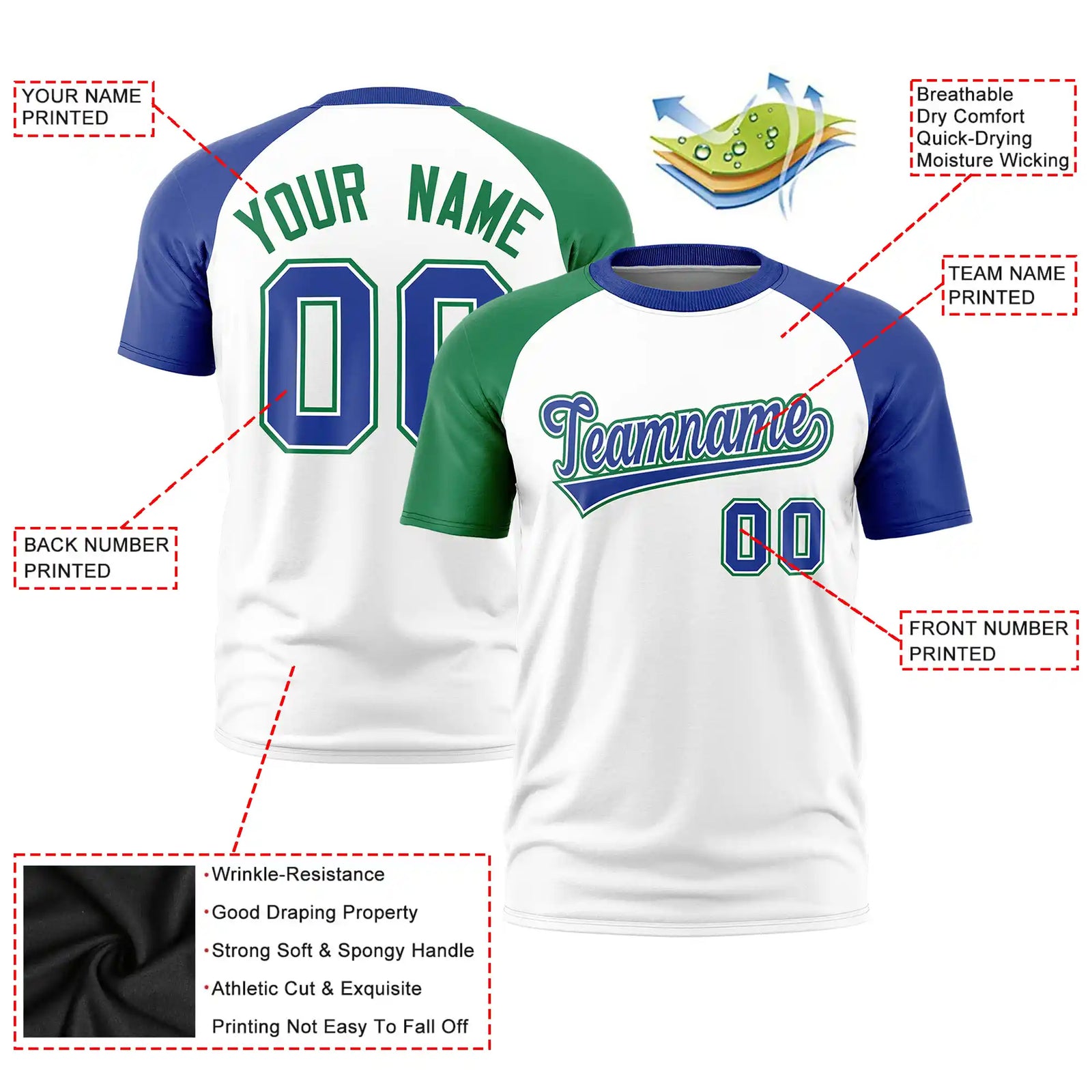 Custom White Kelly Green-Royal Blue Crew Neck Two Tone Sleeve Design Performance T-Shirt