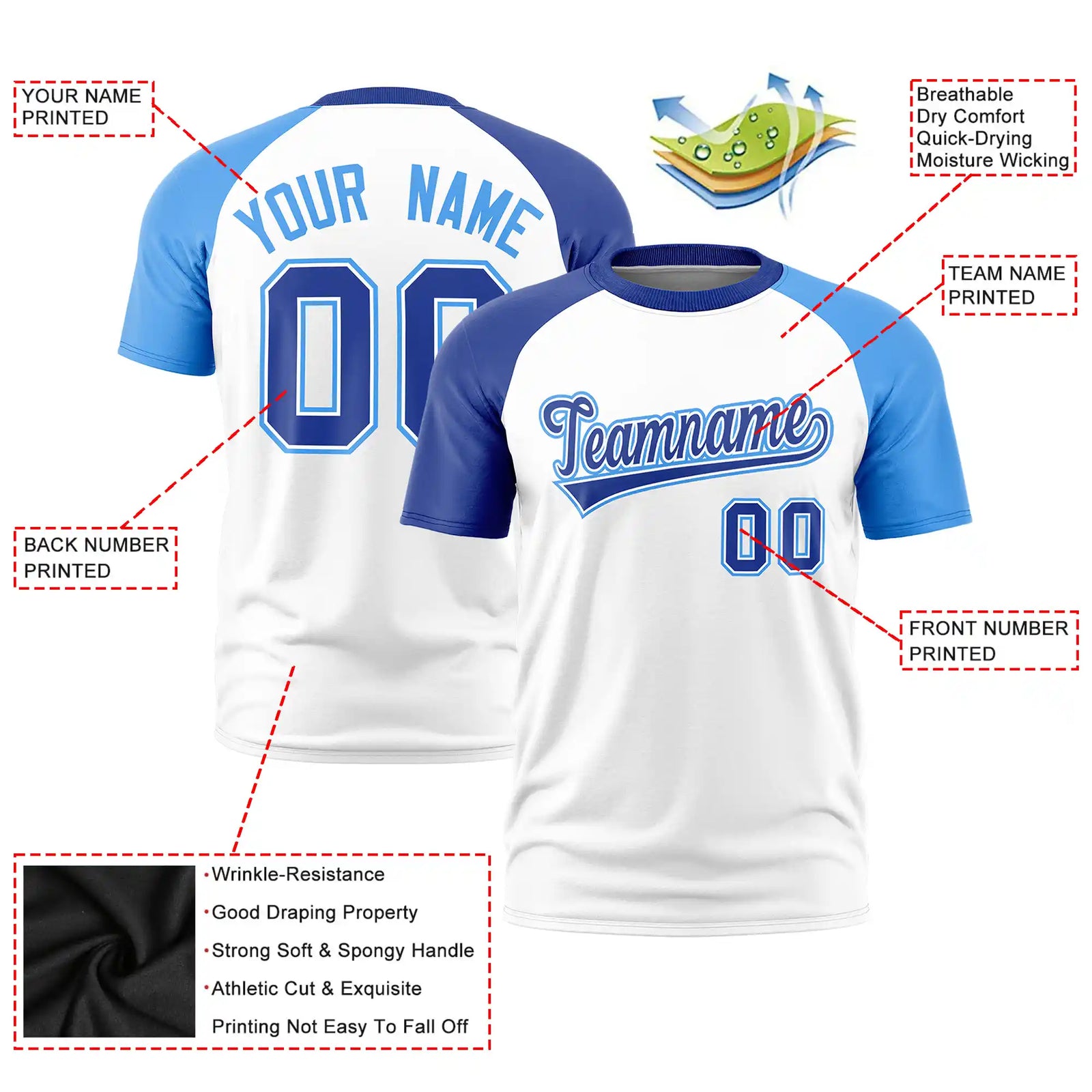 Custom White Royal Blue-Powder Blue Crew Neck Two Tone Sleeve Design Performance T-Shirt
