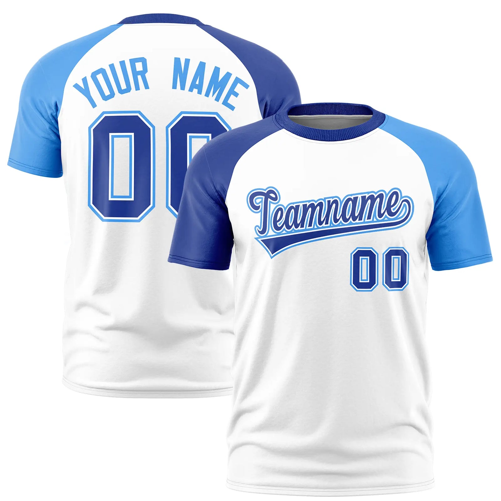 Custom White Royal Blue-Powder Blue Crew Neck Two Tone Sleeve Design Performance T-Shirt