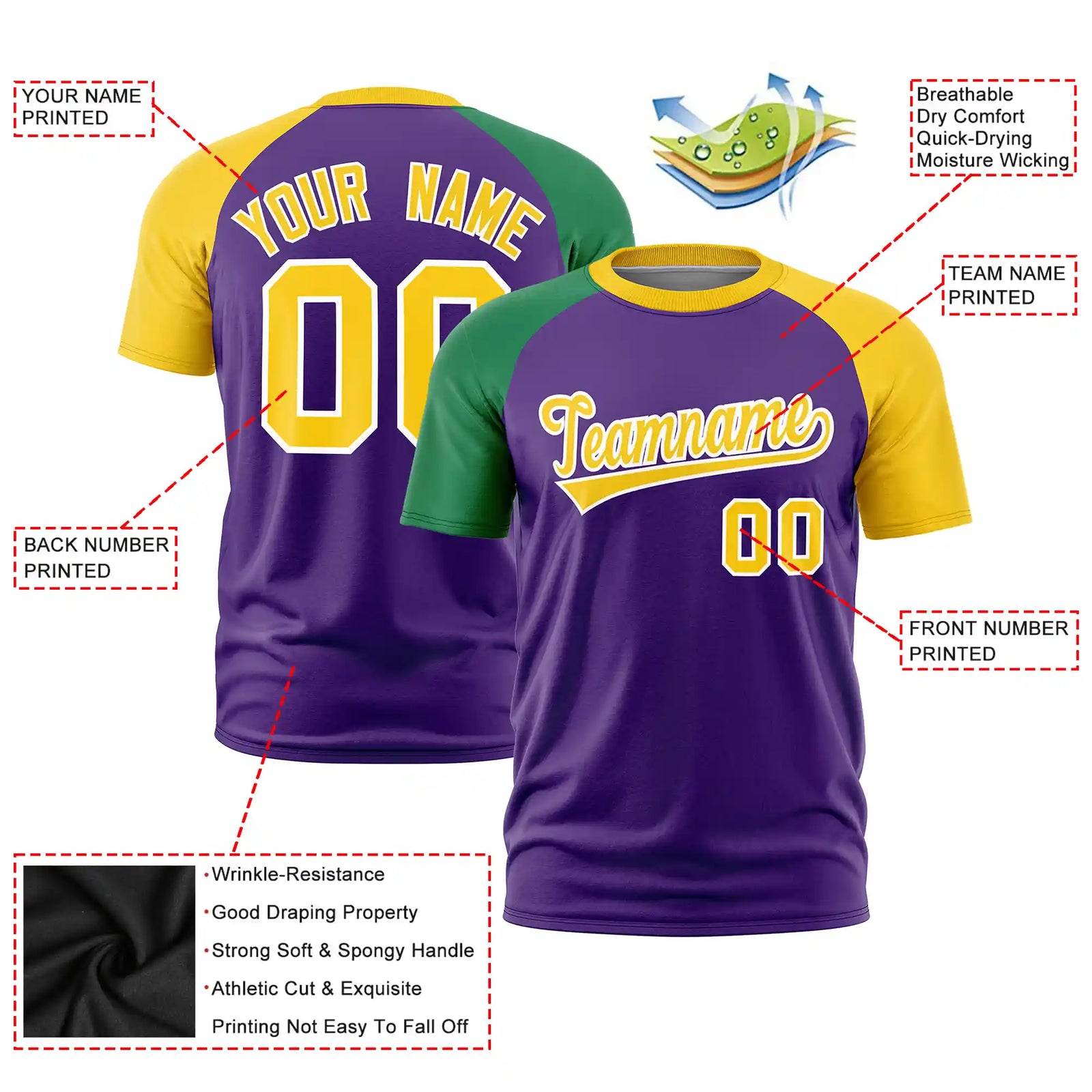 Custom Purple Kelly Green-Gold01 Crew Neck Two Tone Sleeve Design Performance T-Shirt