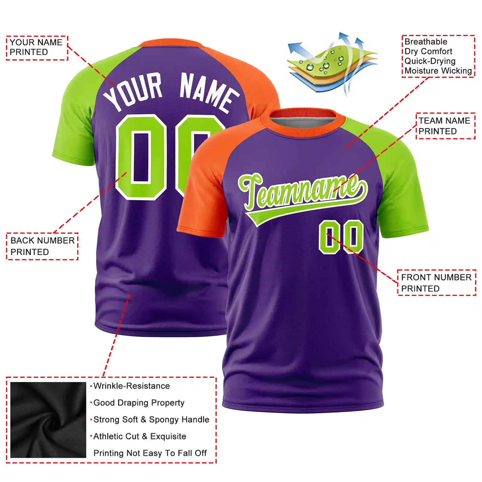 Custom Purple Orange-Neon Green Crew Neck Two Tone Sleeve Design Performance T-Shirt