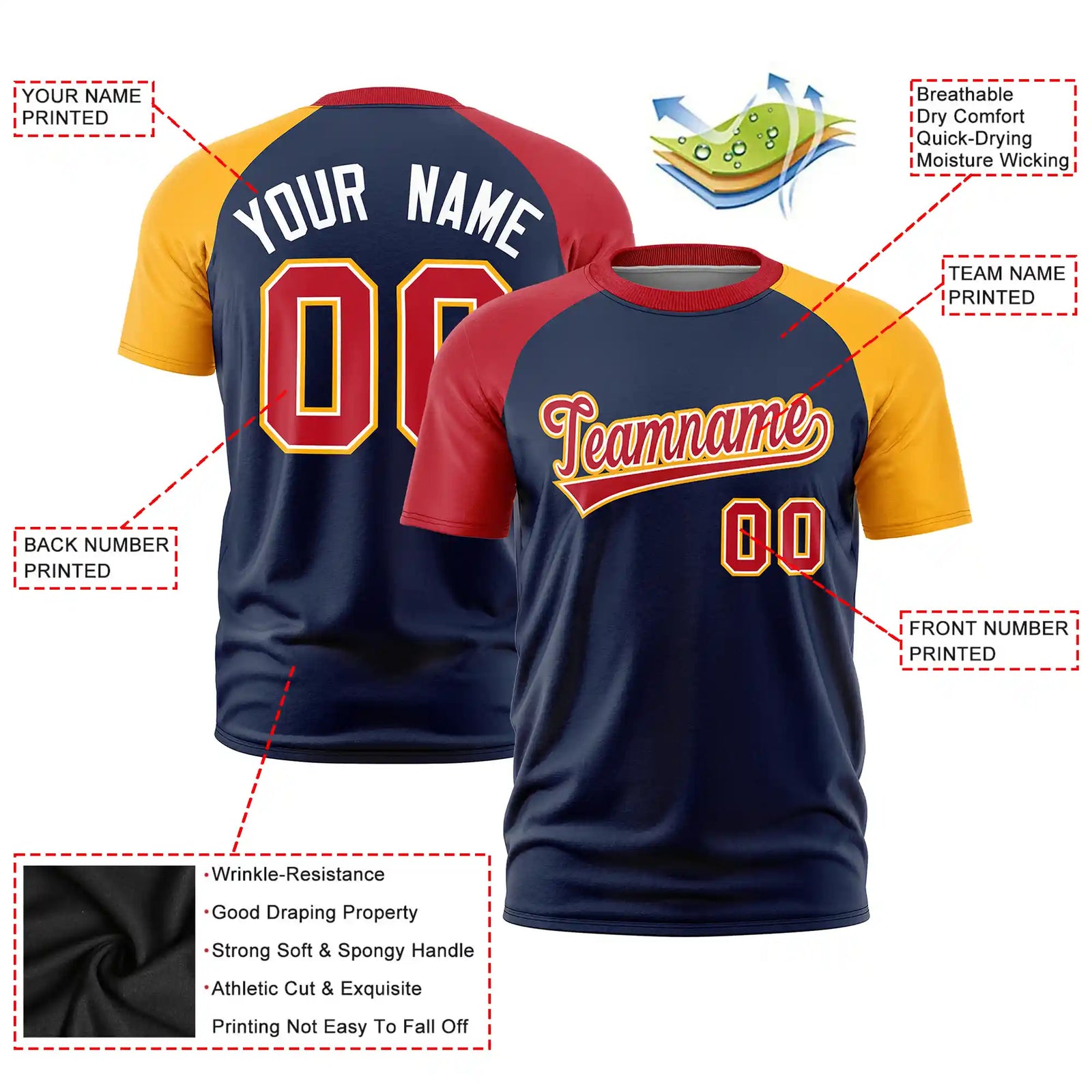 Custom Navy Red-Gold01 Crew Neck Two Tone Sleeve Design Performance T-Shirt