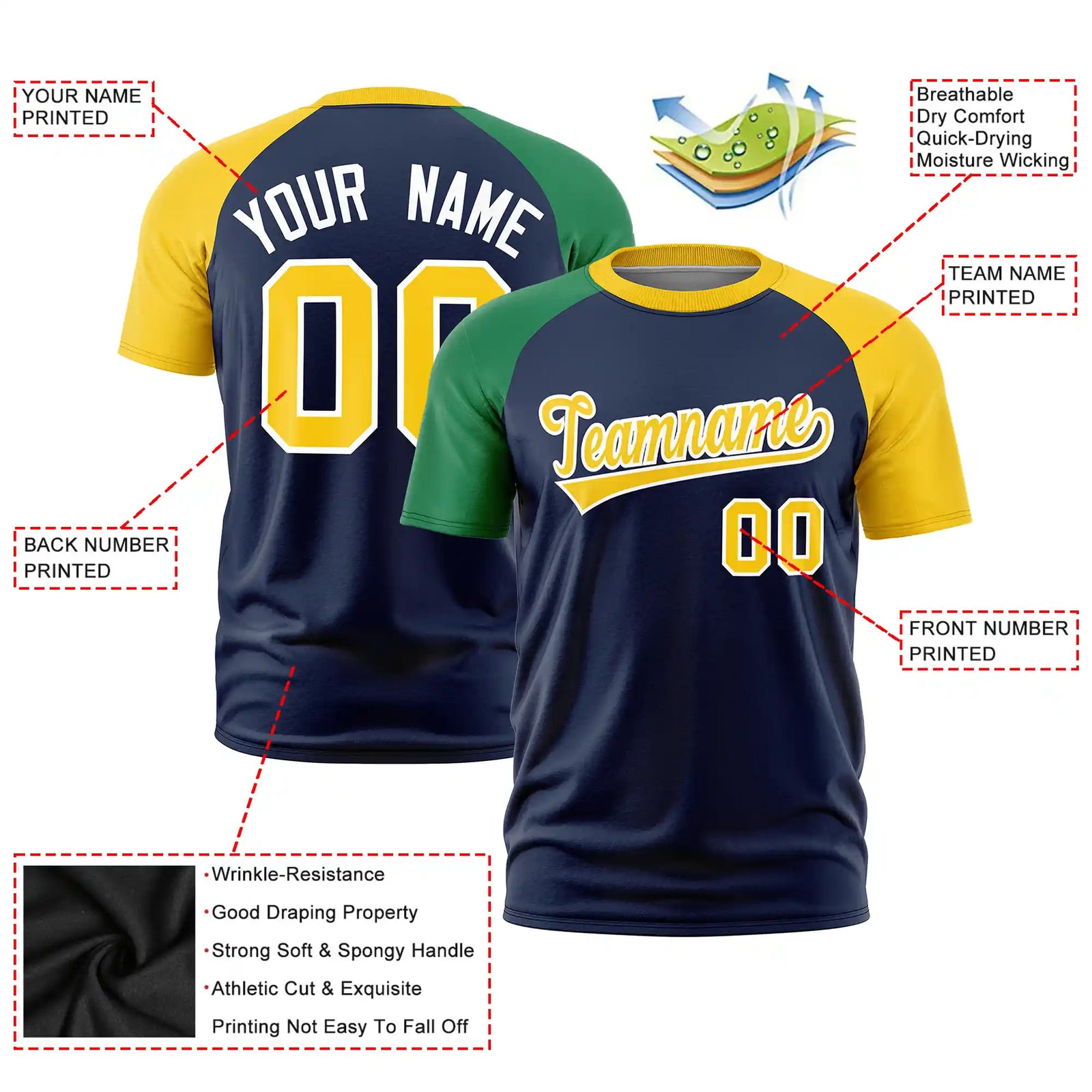 Custom Navy Kelly Green-Gold01 Crew Neck Two Tone Sleeve Design Performance T-Shirt