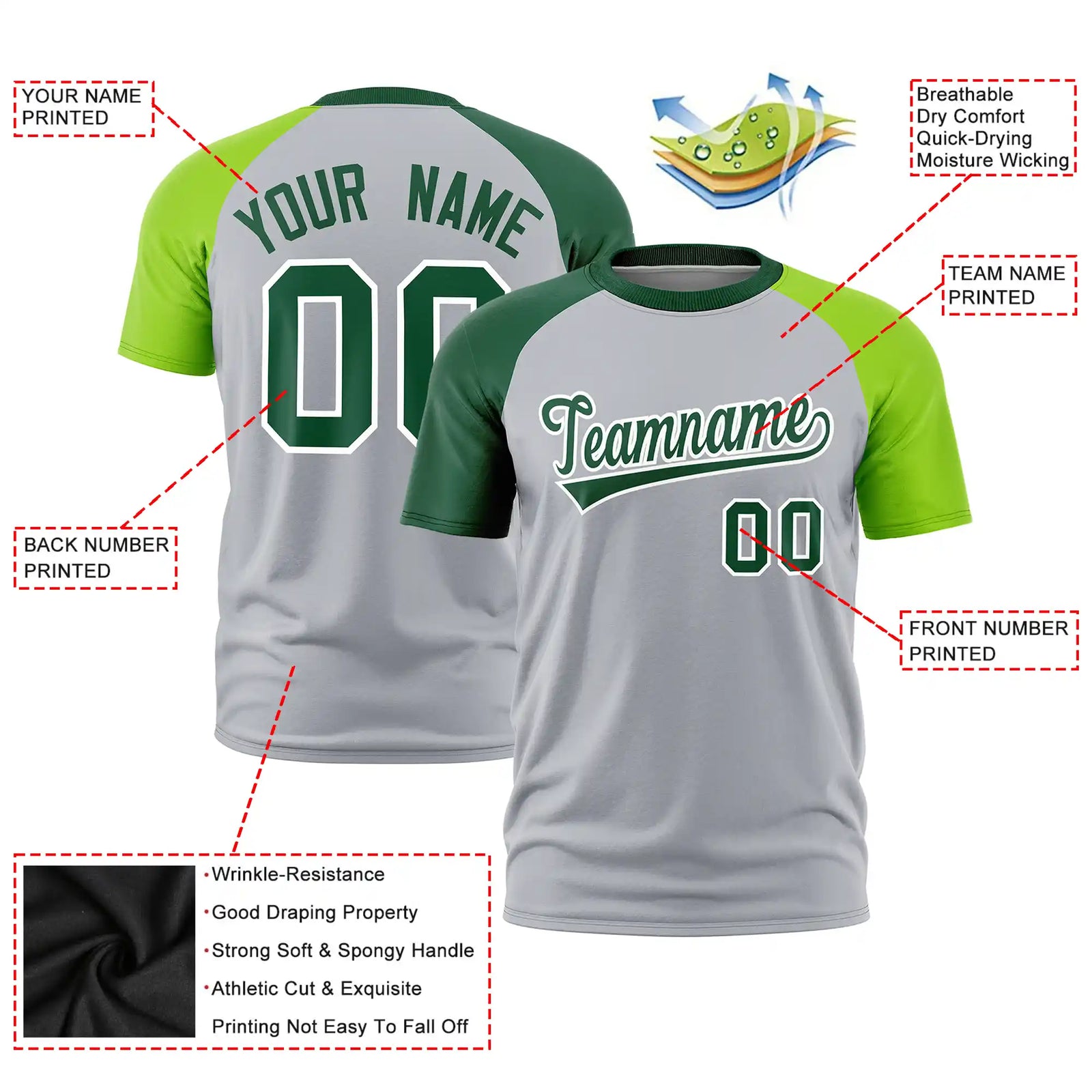 Custom Gray Green-Neon Green Crew Neck Two Tone Sleeve Design Performance T-Shirt