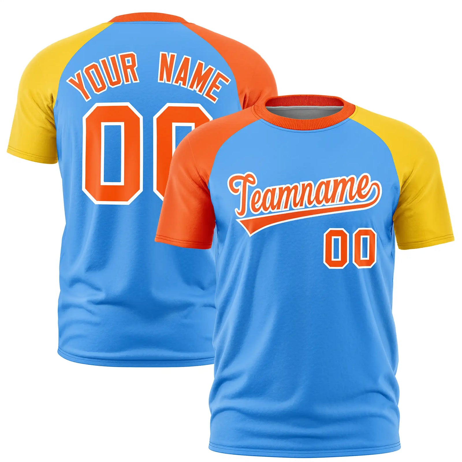 Custom Powder Blue Orange-Gold01 Crew Neck Two Tone Sleeve Design Performance T-Shirt
