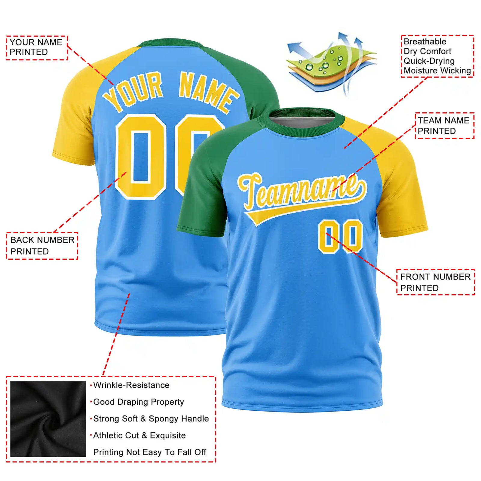 Custom Powder Blue Kelly Green-Gold01 Crew Neck Two Tone Sleeve Design Performance T-Shirt