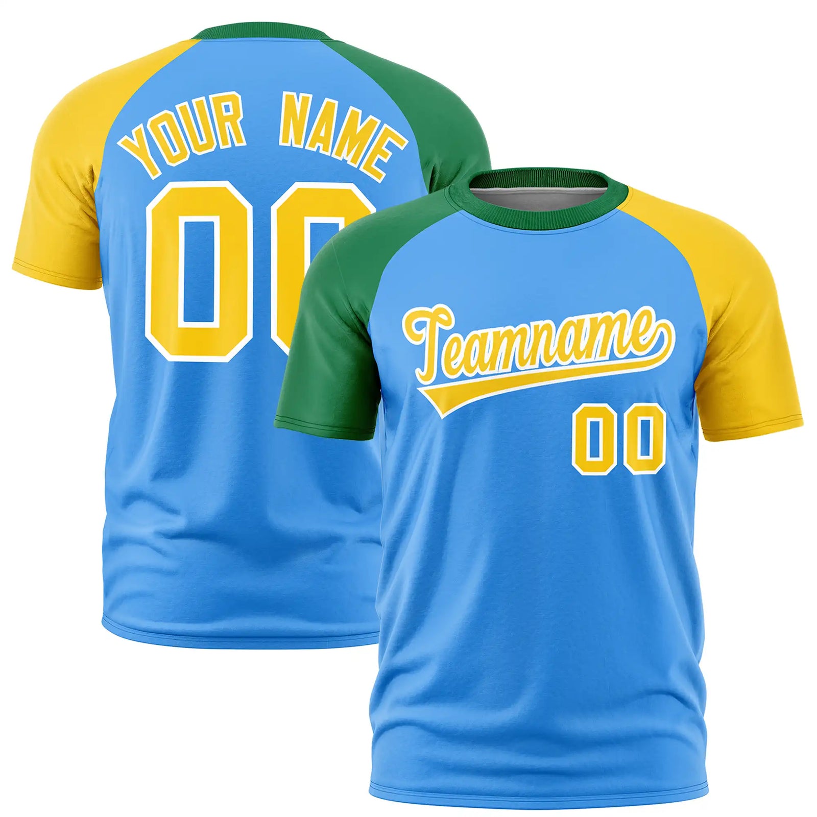 Custom Powder Blue Kelly Green-Gold01 Crew Neck Two Tone Sleeve Design Performance T-Shirt