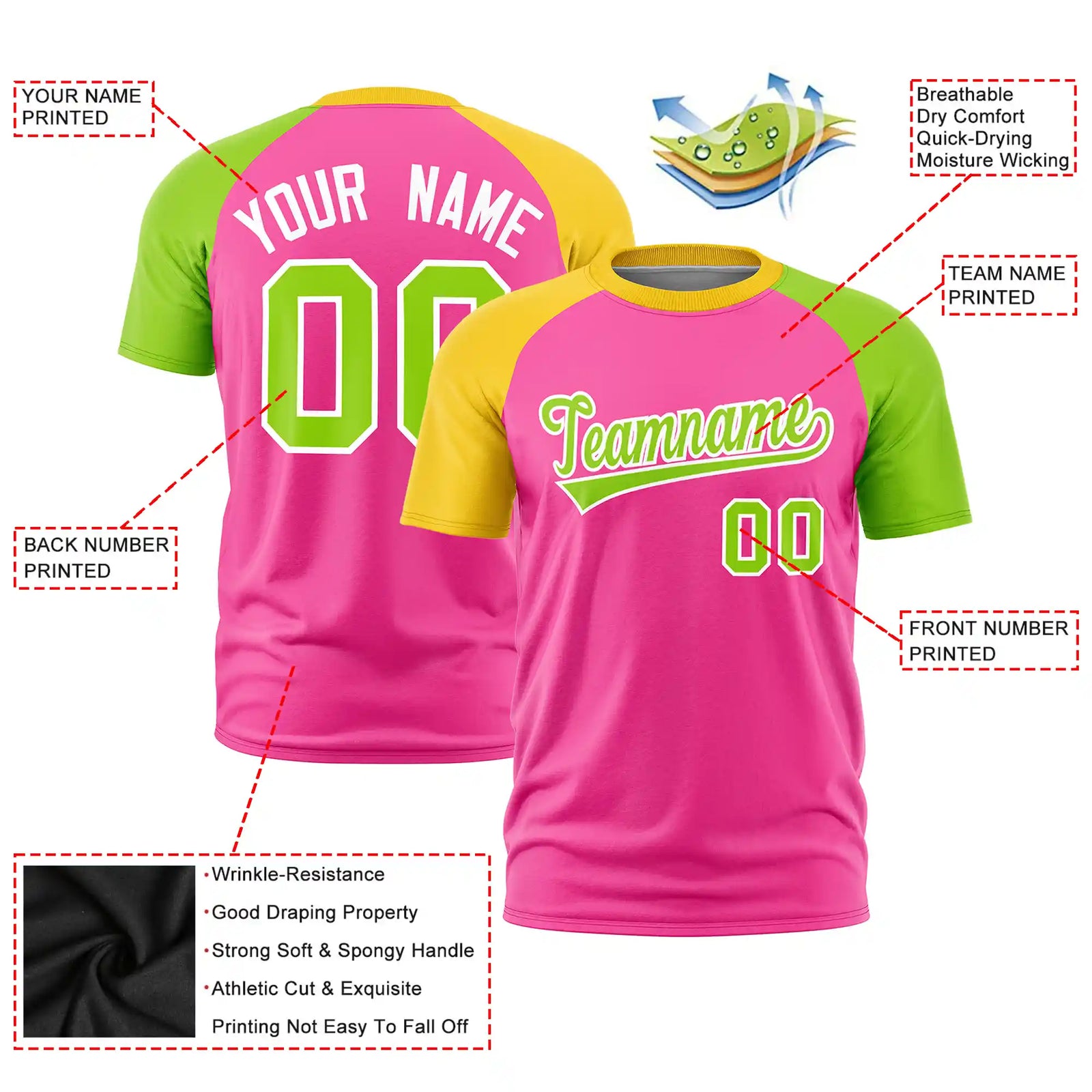 Custom Pink Gold01-Neon Green Crew Neck Two Tone Sleeve Design Performance T-Shirt