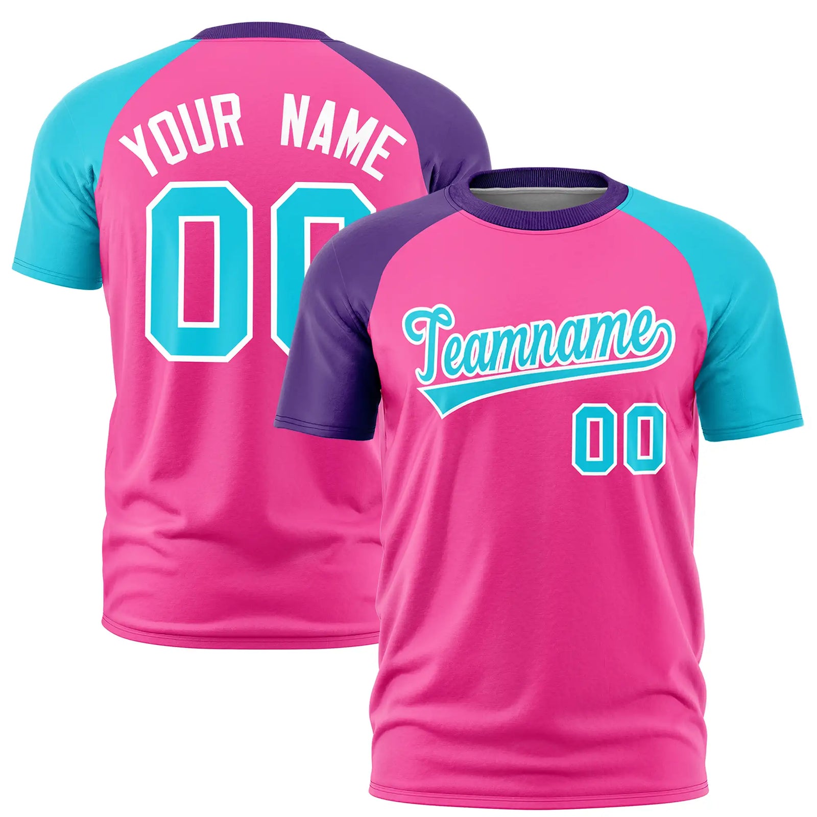 Custom Pink Purple-Sky Blue Crew Neck Two Tone Sleeve Design Performance T-Shirt