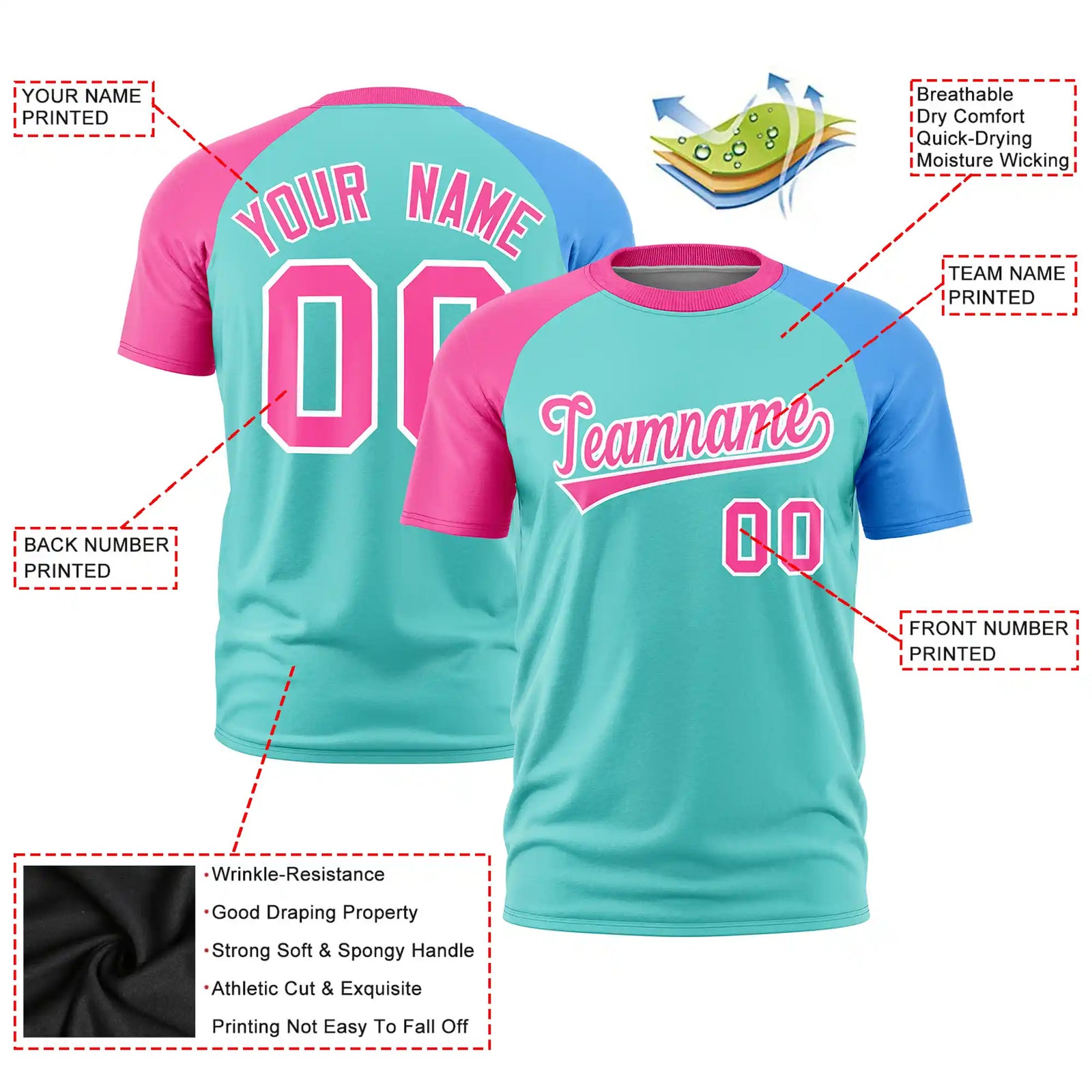 Custom Bright Green Pink-Powder Blue Crew Neck Two Tone Sleeve Design Performance T-Shirt