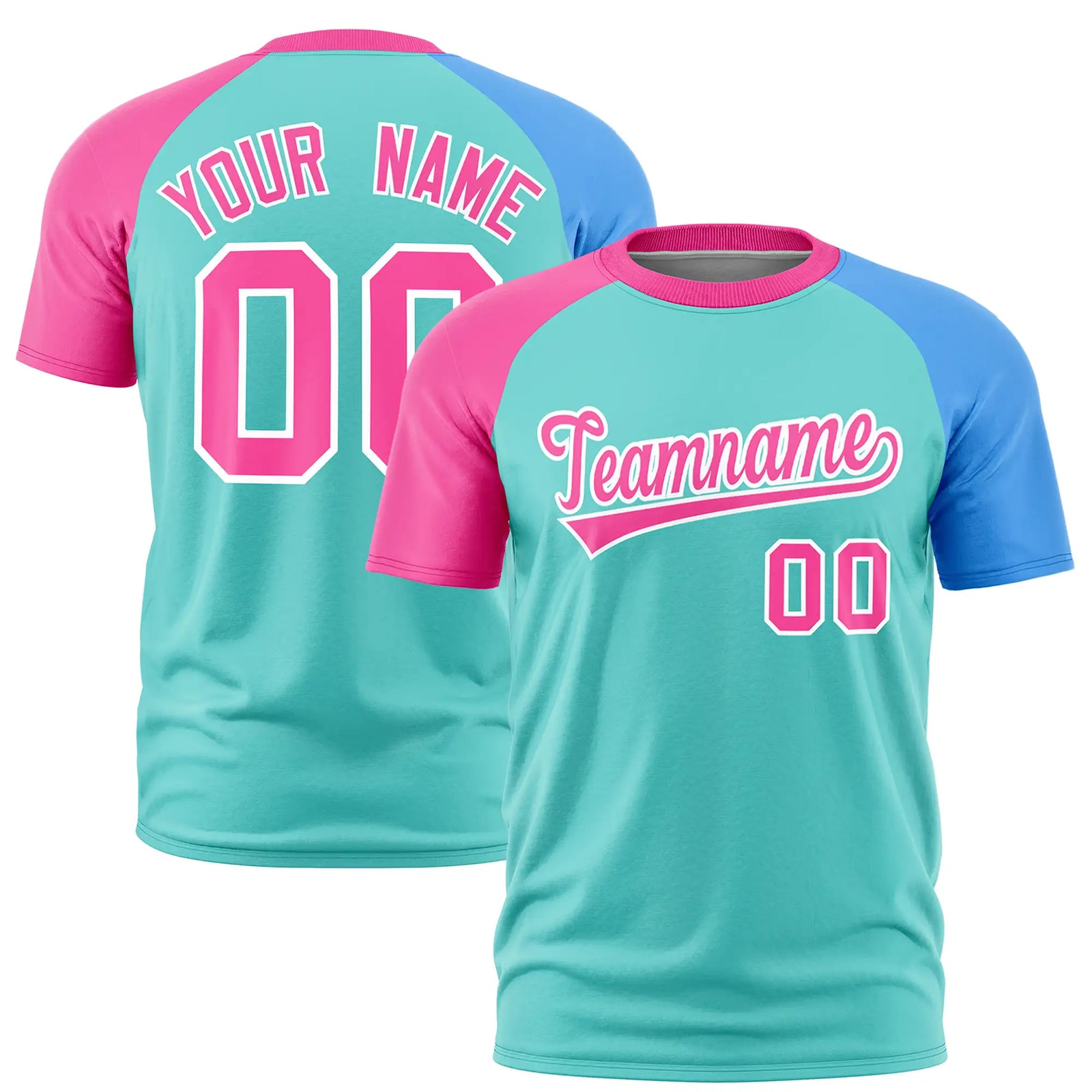 Custom Bright Green Pink-Powder Blue Crew Neck Two Tone Sleeve Design Performance T-Shirt