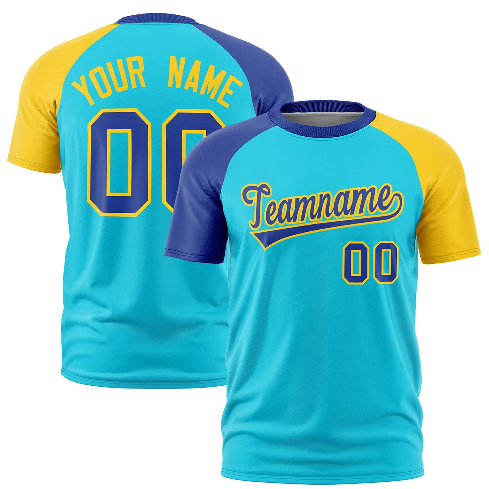 Custom Sky Blue Royal Blue-Gold01 Crew Neck Two Tone Sleeve Design Performance T-Shirt