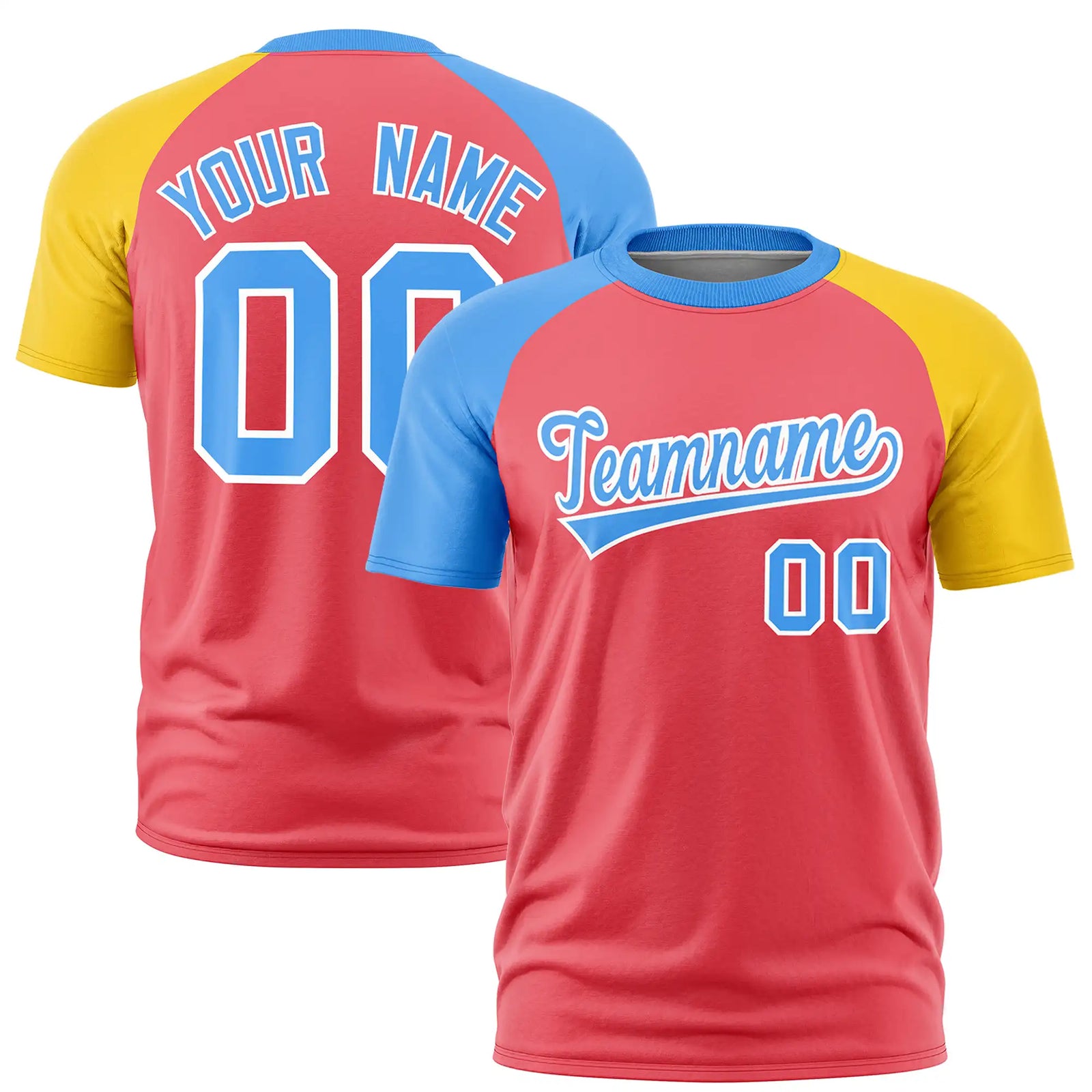 Custom Light Red Powder Blue-Gold01 Crew Neck Two Tone Sleeve Design Performance T-Shirt