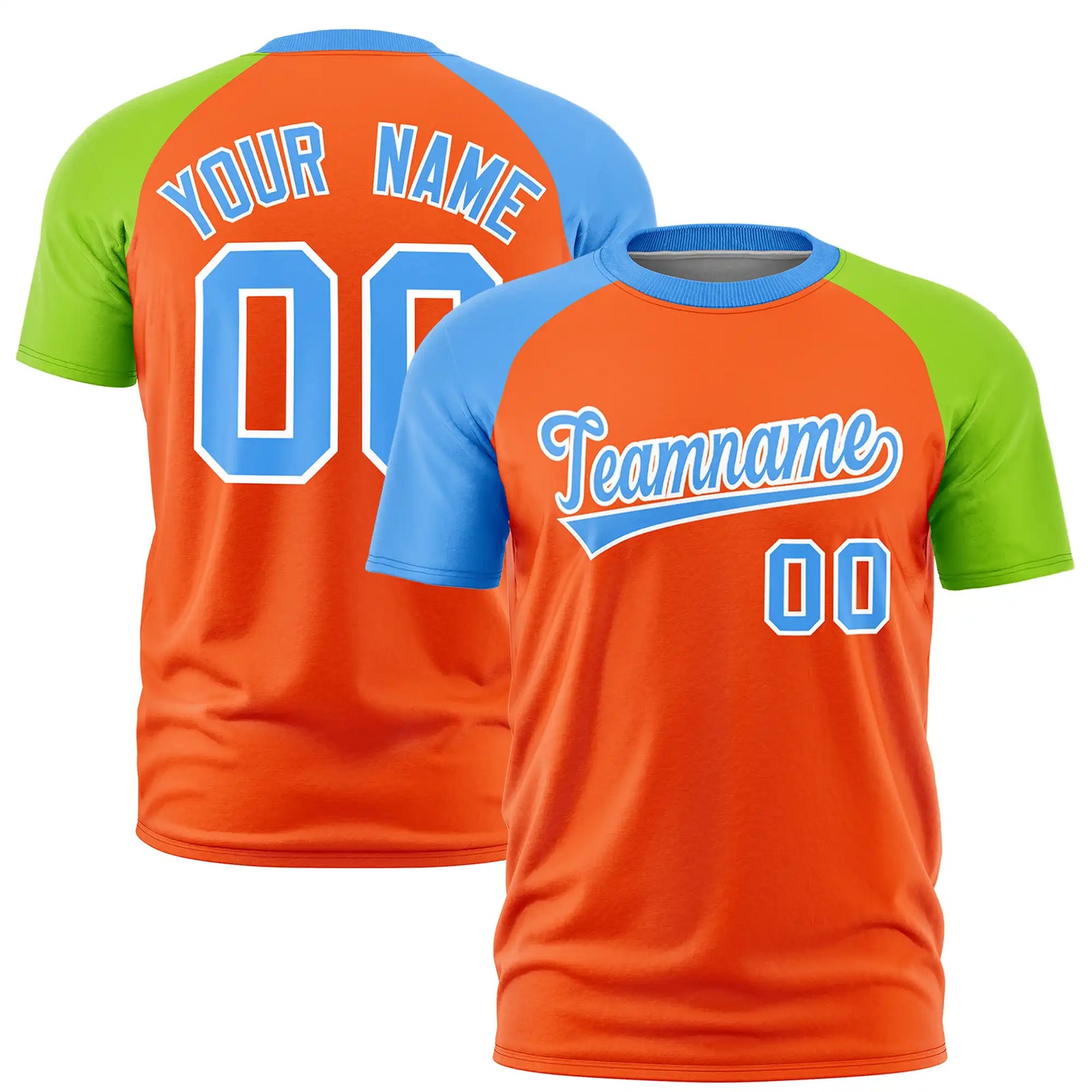 Custom Orange Powder Blue-Neon Green Crew Neck Two Tone Sleeve Design Performance T-Shirt
