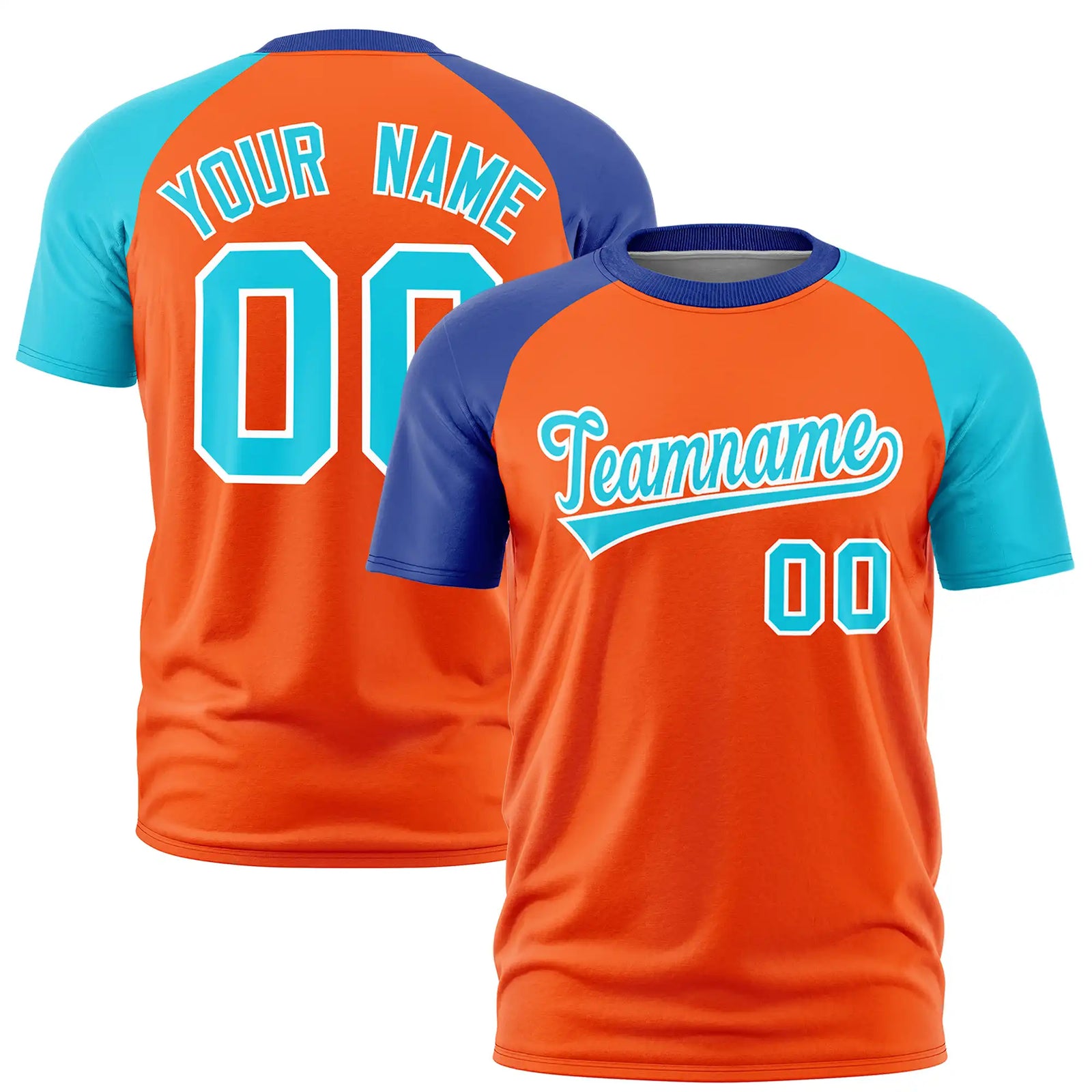 Custom Orange Royal Blue-Sky Blue Crew Neck Two Tone Sleeve Design Performance T-Shirt