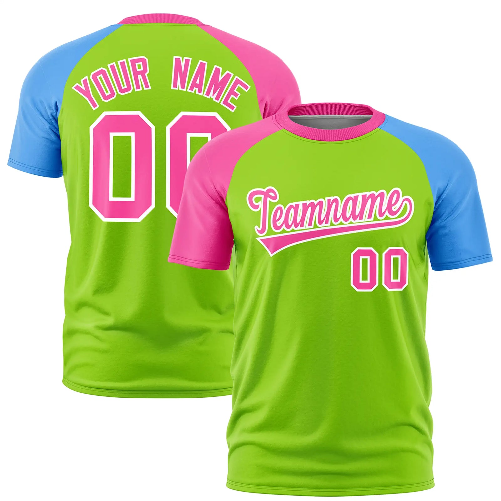 Custom Neon Green Pink-Powder Blue Crew Neck Two Tone Sleeve Design Performance T-Shirt
