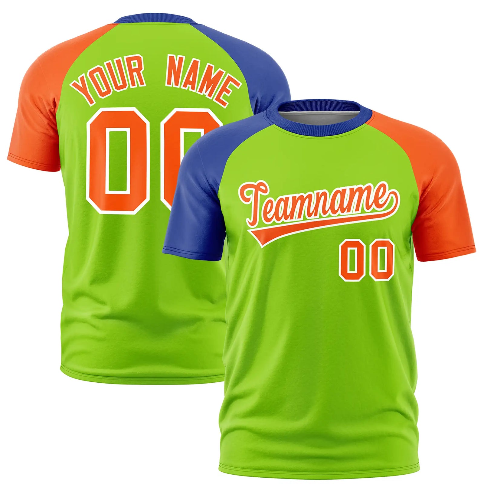 Custom Neon Green Royal Blue-Orange Crew Neck Two Tone Sleeve Design Performance T-Shirt