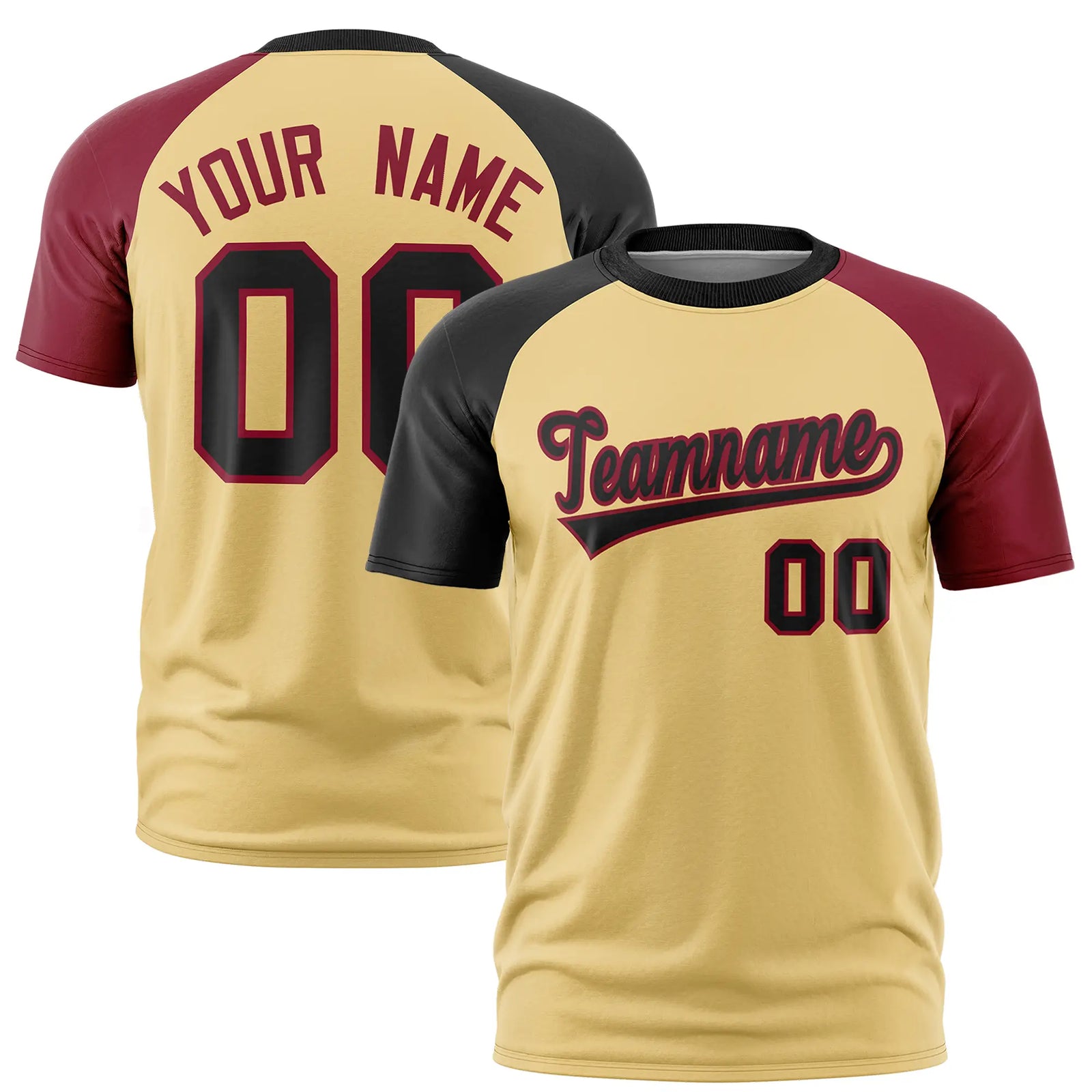 Custom Khaki Black-Crimson Crew Neck Two Tone Sleeve Design Performance T-Shirt