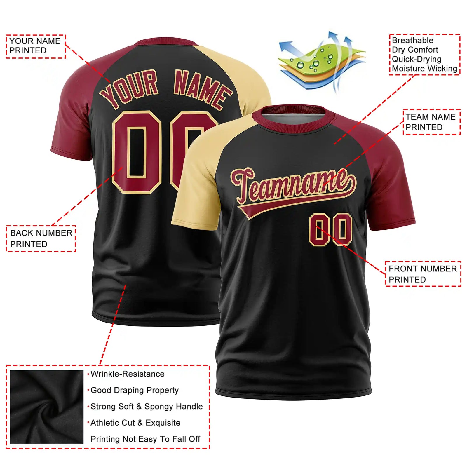 Custom Black Khaki-Crimson Crew Neck Two Tone Sleeve Design Performance T-Shirt