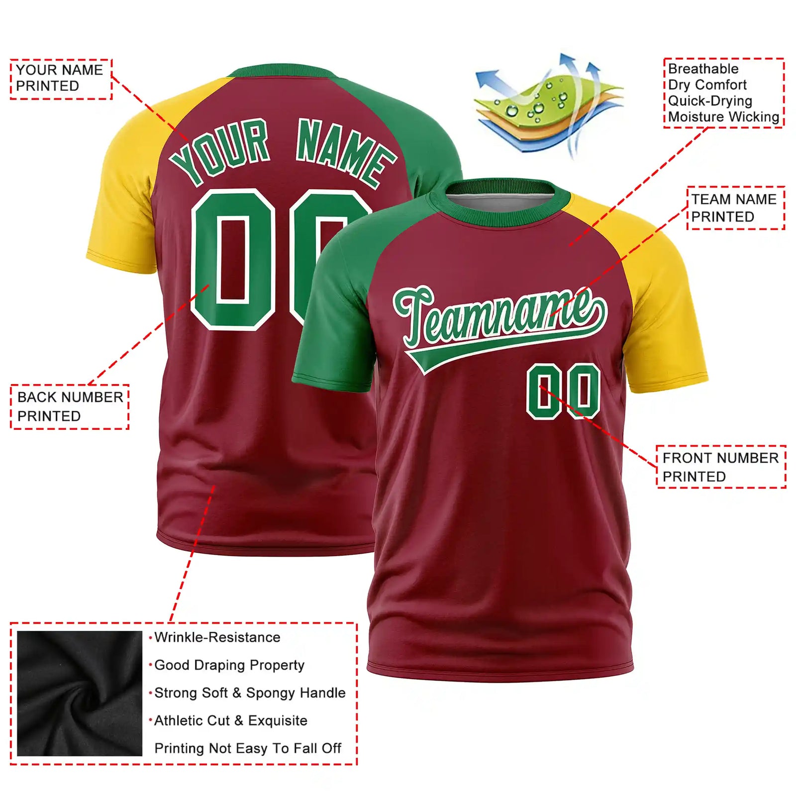 Custom Crimson Kelly Green-Gold01 Crew Neck Two Tone Sleeve Design Performance T-Shirt