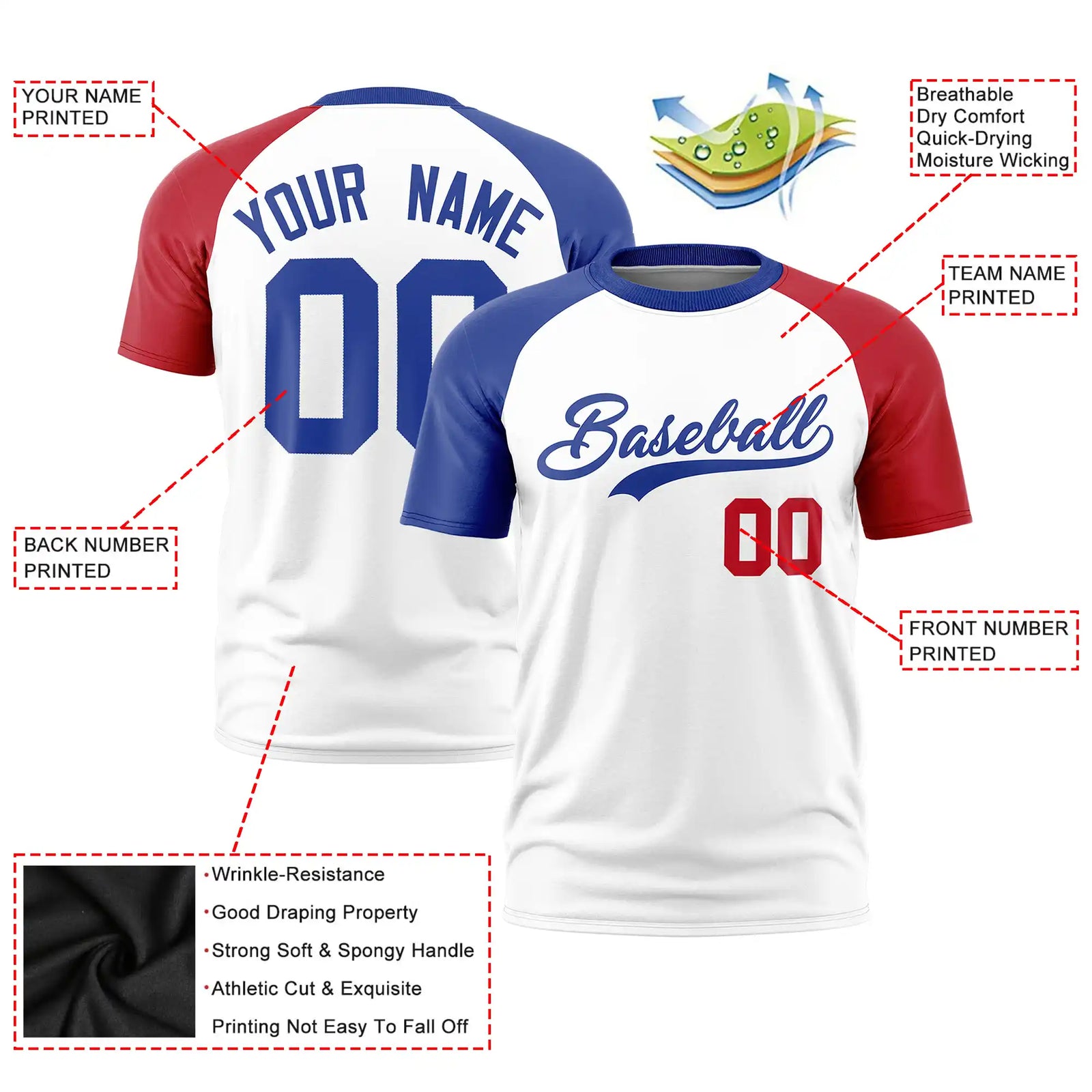 Custom White Royal Blue-Red Crew Neck Two Tone Sleeve Design Performance T-Shirt