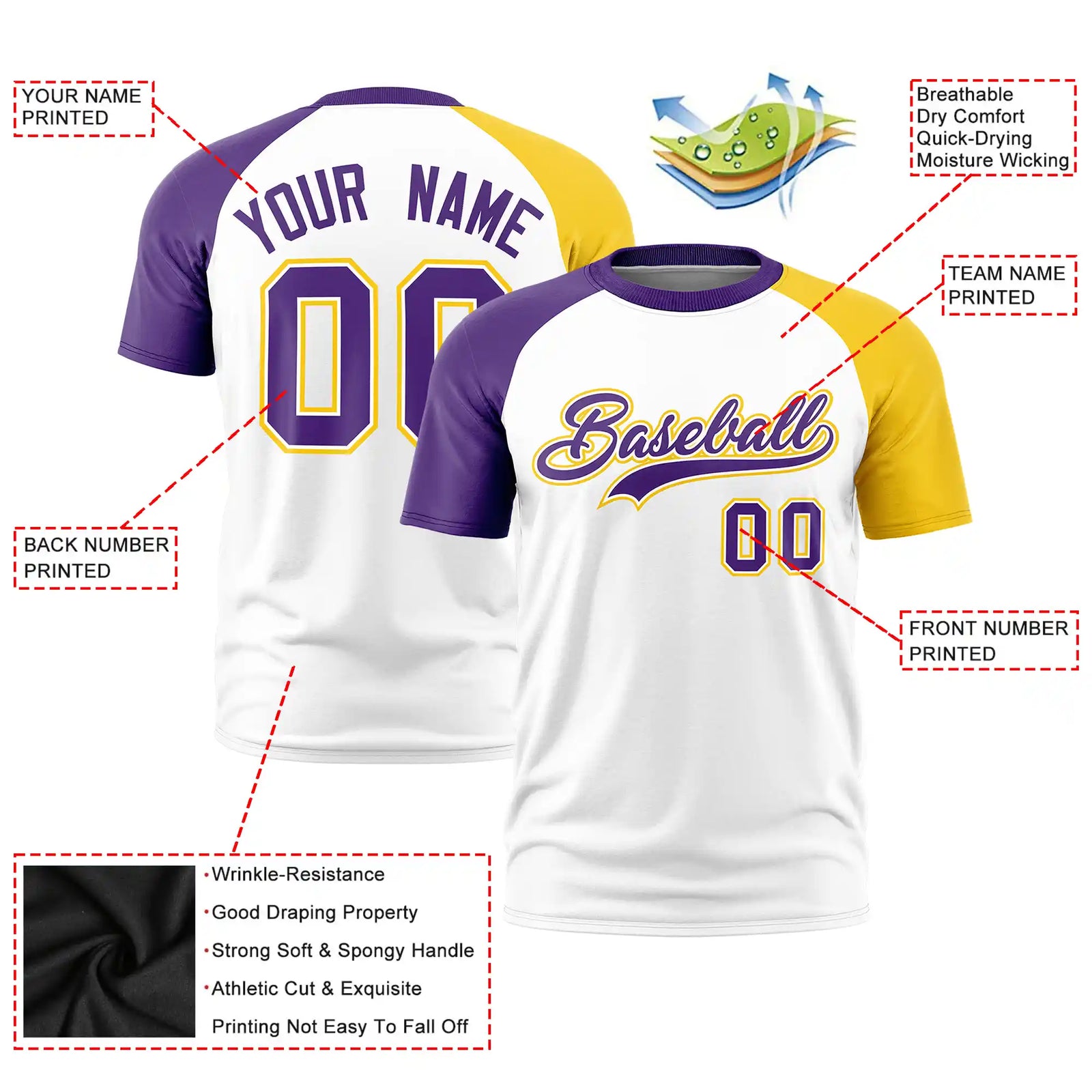 Custom White Purple-Gold01 Crew Neck Two Tone Sleeve Design Performance T-Shirt