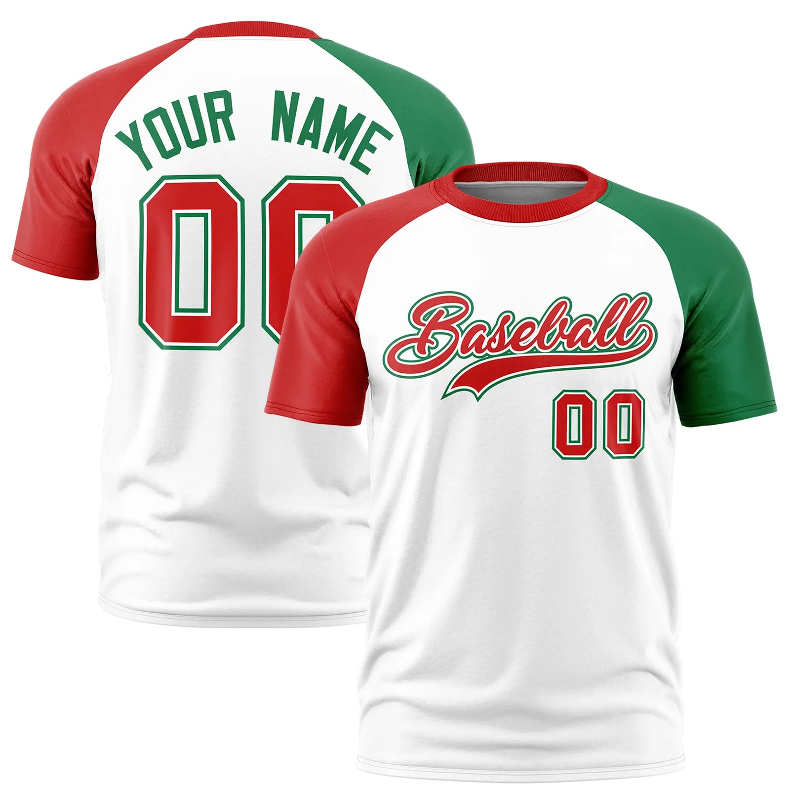 Custom White Red-Kelly Green Crew Neck Two Tone Sleeve Design Performance T-Shirt