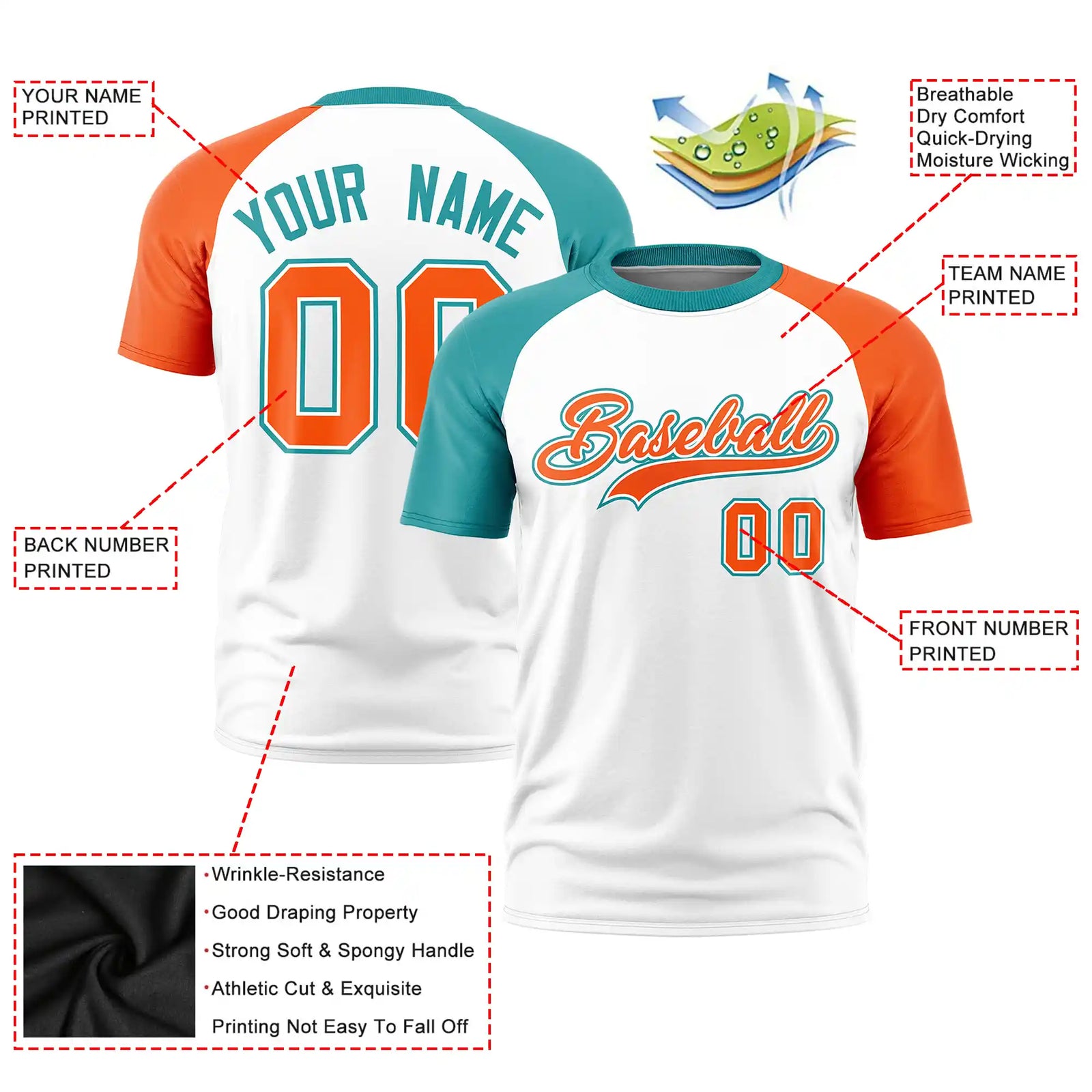Custom White Aqua-Orange Crew Neck Two Tone Sleeve Design Performance T-Shirt