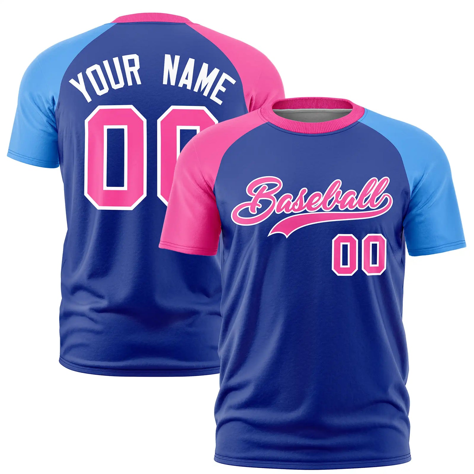 Custom Royal Blue Pink-Powder Blue Crew Neck Two Tone Sleeve Design Performance T-Shirt