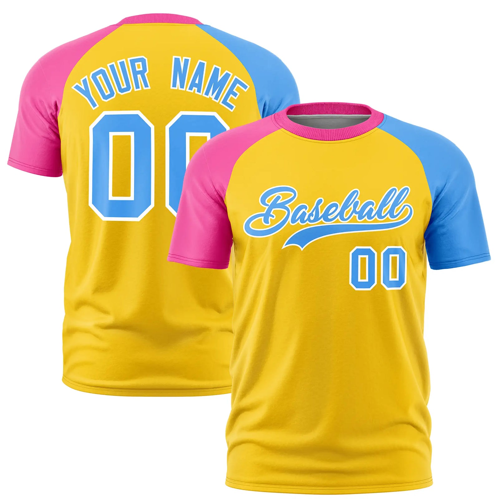 Custom Gold01 Pink-Powder Blue Crew Neck Two Tone Sleeve Design Performance T-Shirt