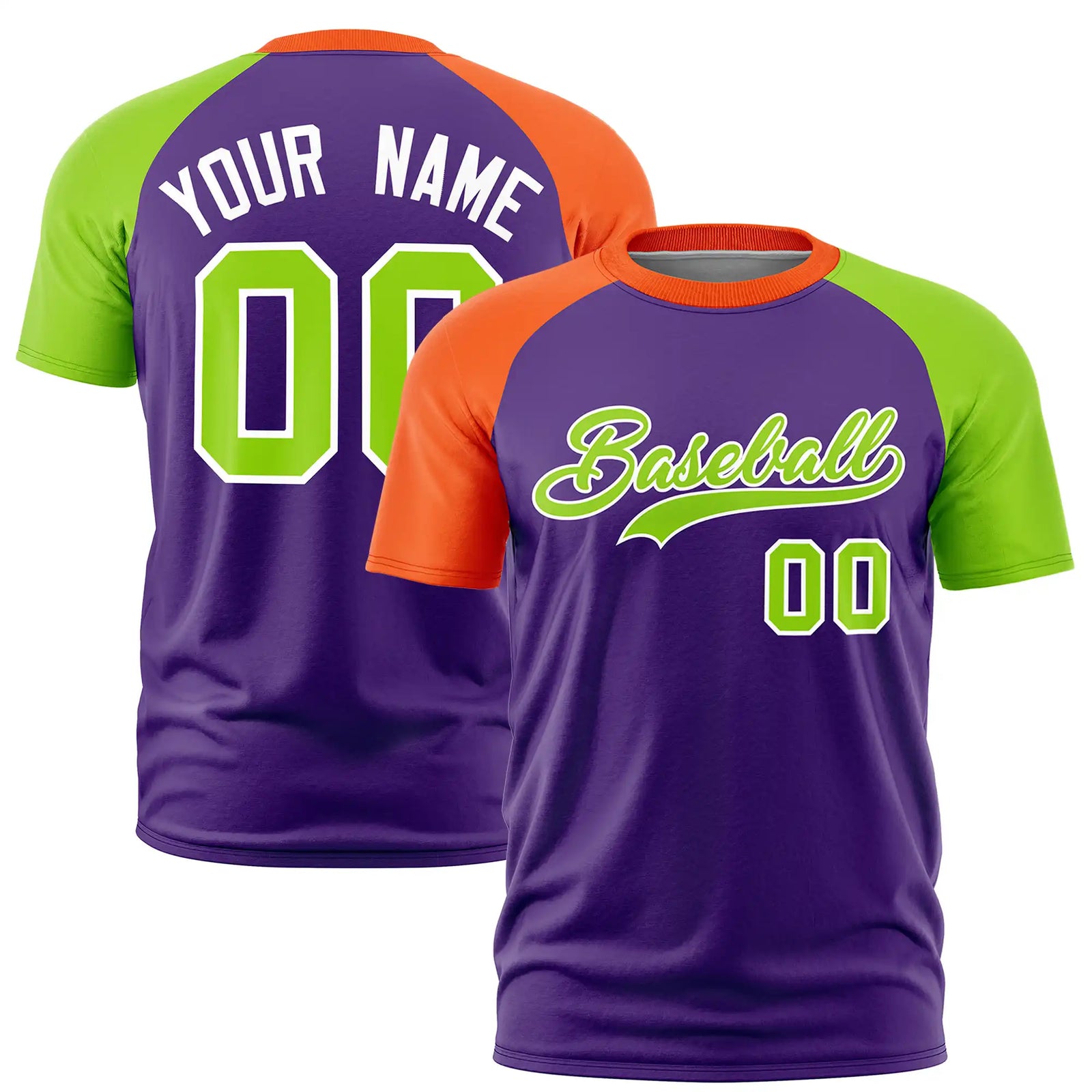 Custom Purple Orange-Neon Green Crew Neck Two Tone Sleeve Design Performance T-Shirt
