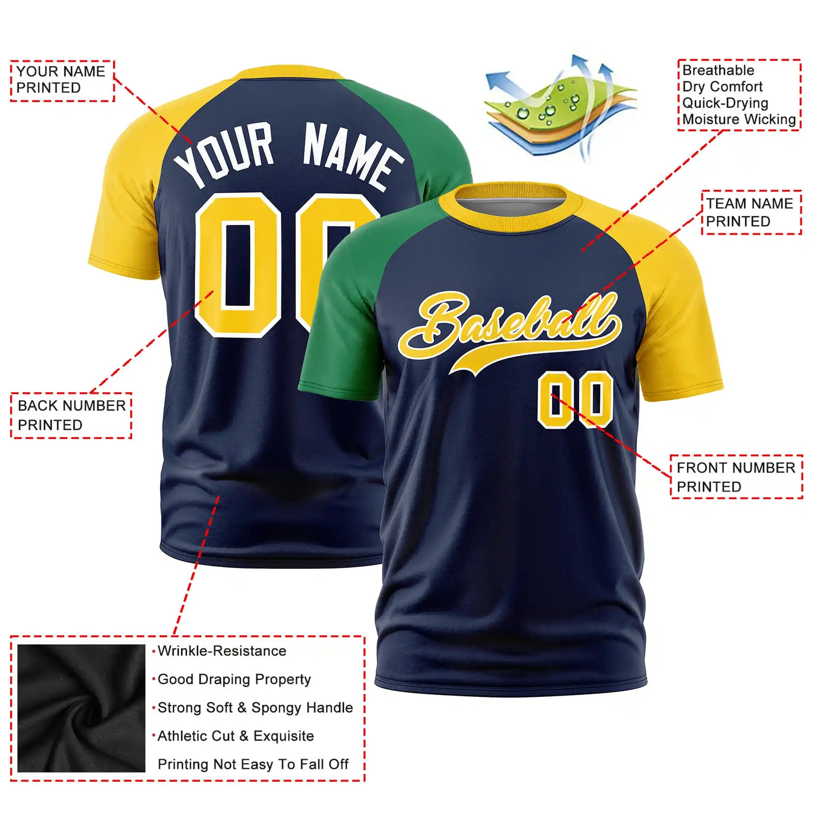 Custom Navy Kelly Green-Gold01 Crew Neck Two Tone Sleeve Design Performance T-Shirt