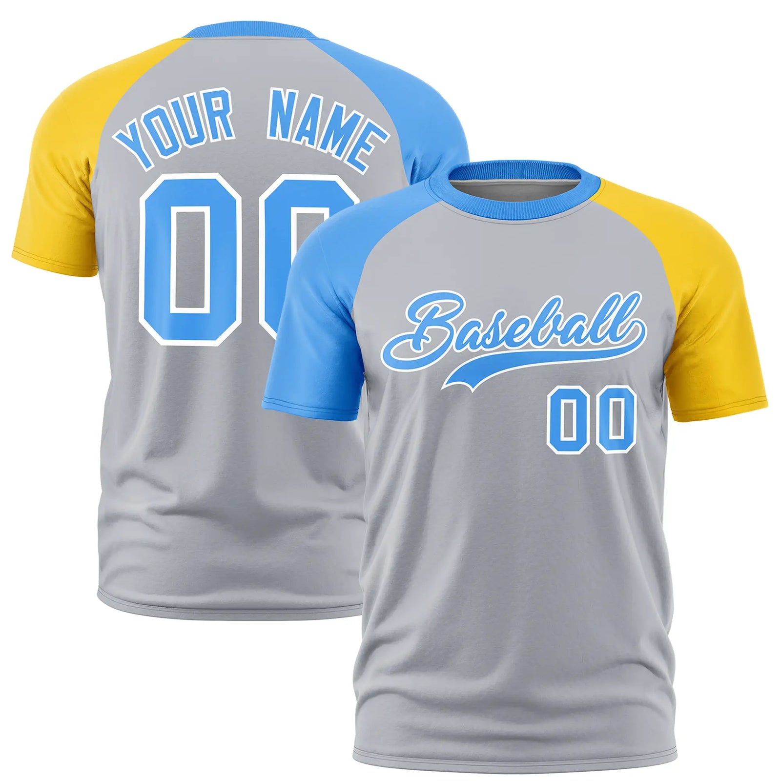 Custom Gray Powder Blue-Gold01 Crew Neck Two Tone Sleeve Design Performance T-Shirt