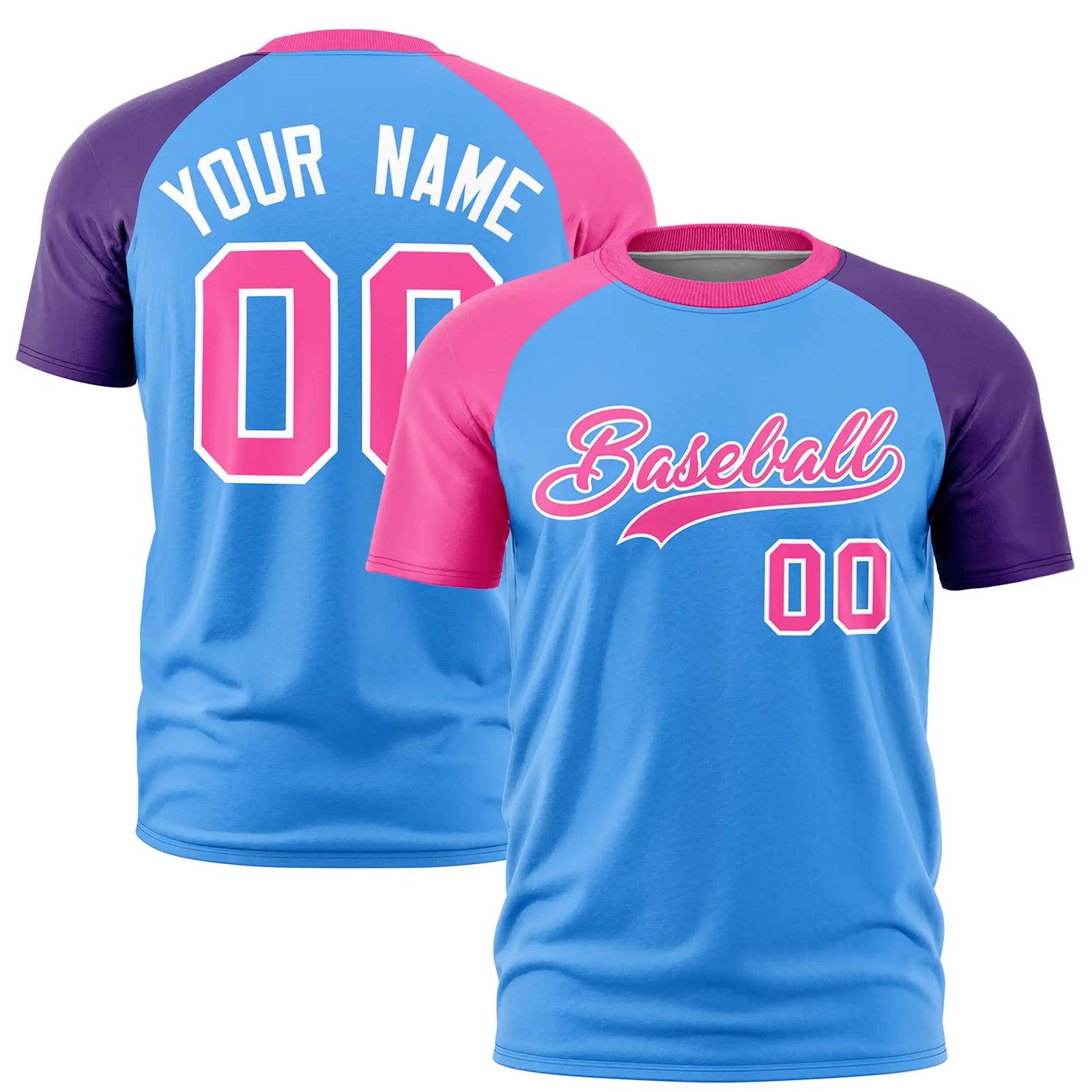 Custom Powder Blue Pink-Purple Crew Neck Two Tone Sleeve Design Performance T-Shirt