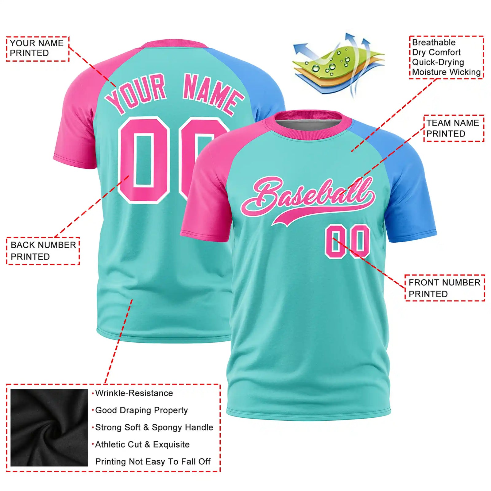 Custom Bright Green Pink-Powder Blue Crew Neck Two Tone Sleeve Design Performance T-Shirt