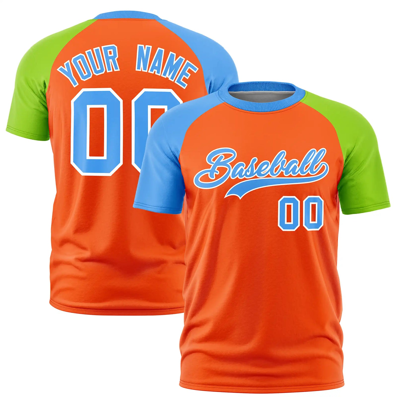 Custom Orange Powder Blue-Neon Green Crew Neck Two Tone Sleeve Design Performance T-Shirt