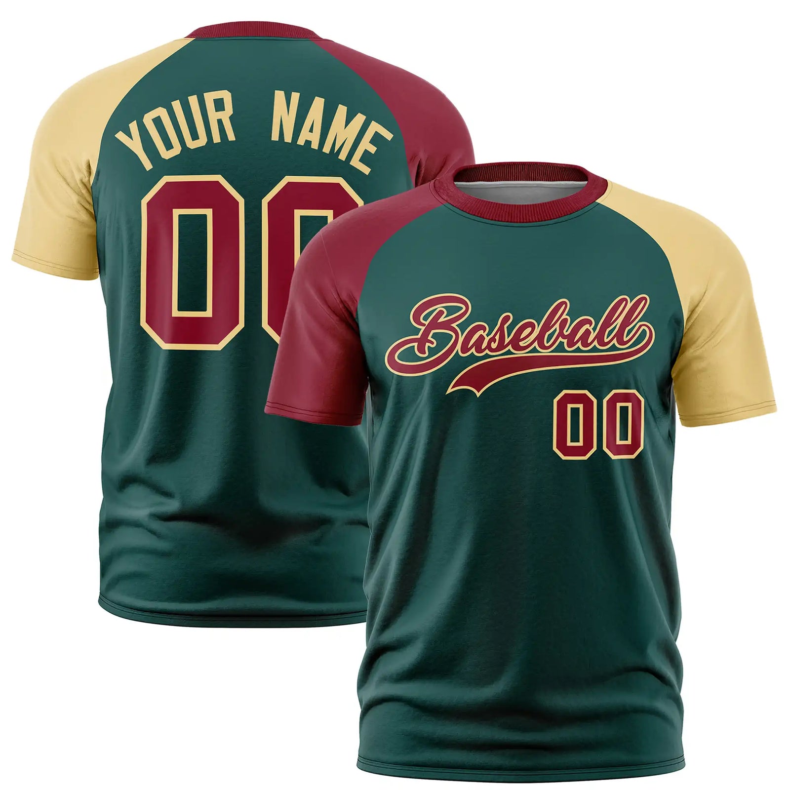 Custom Midnight Green Crimson-Khaki Crew Neck Two Tone Sleeve Design Performance T-Shirt