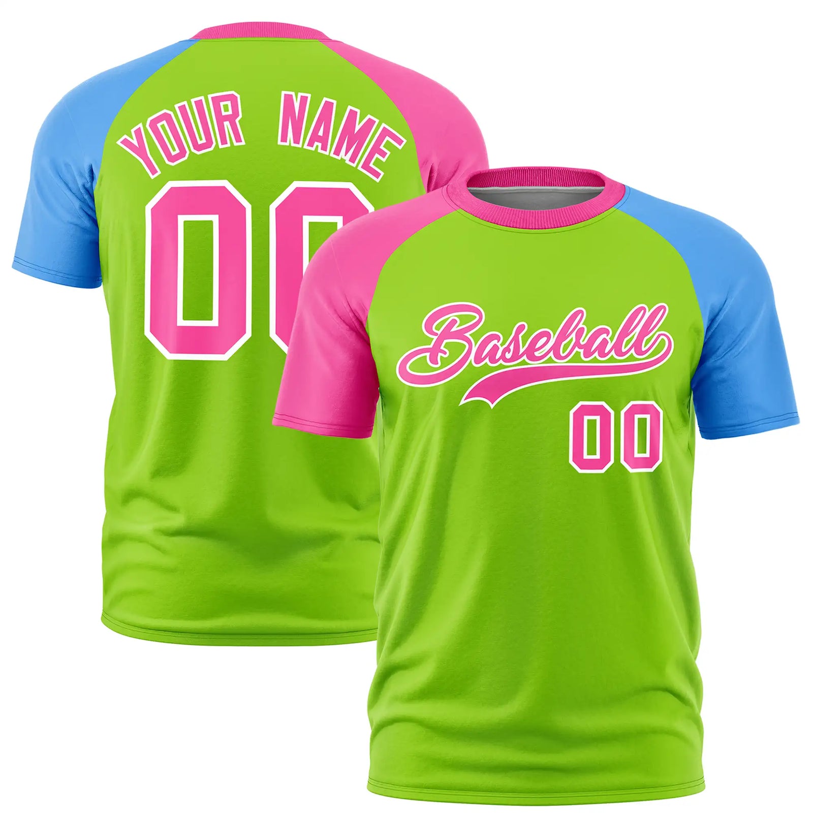 Custom Neon Green Pink-Powder Blue Crew Neck Two Tone Sleeve Design Performance T-Shirt