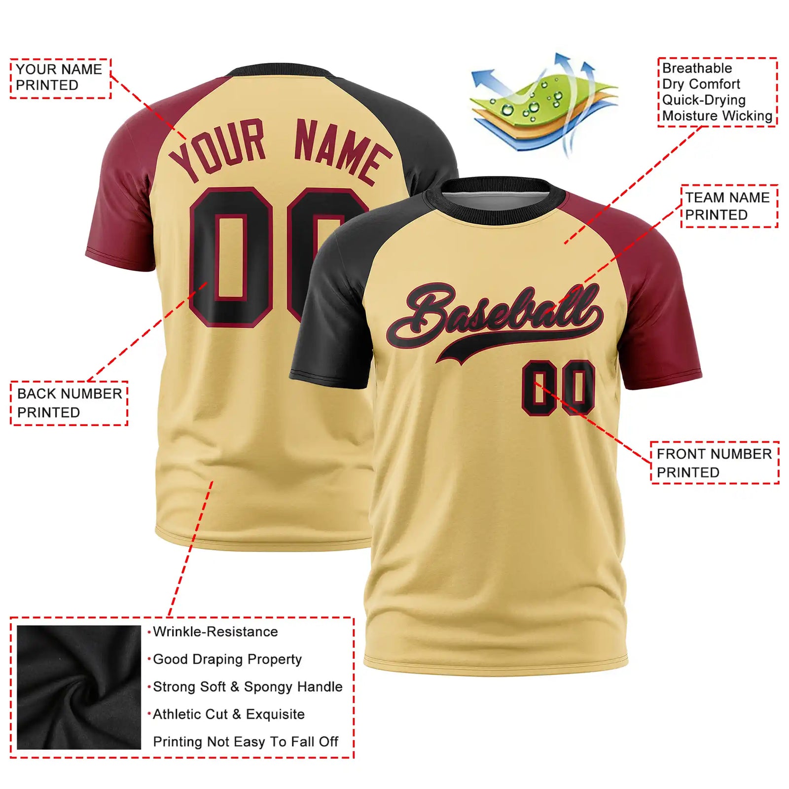 Custom Khaki Black-Crimson Crew Neck Two Tone Sleeve Design Performance T-Shirt