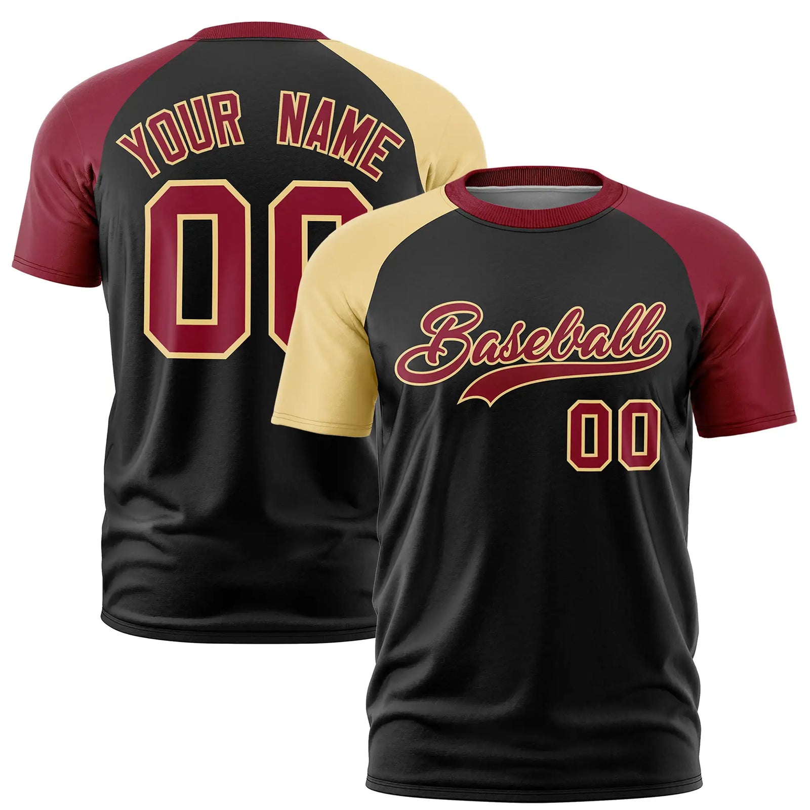 Custom Black Khaki-Crimson Crew Neck Two Tone Sleeve Design Performance T-Shirt