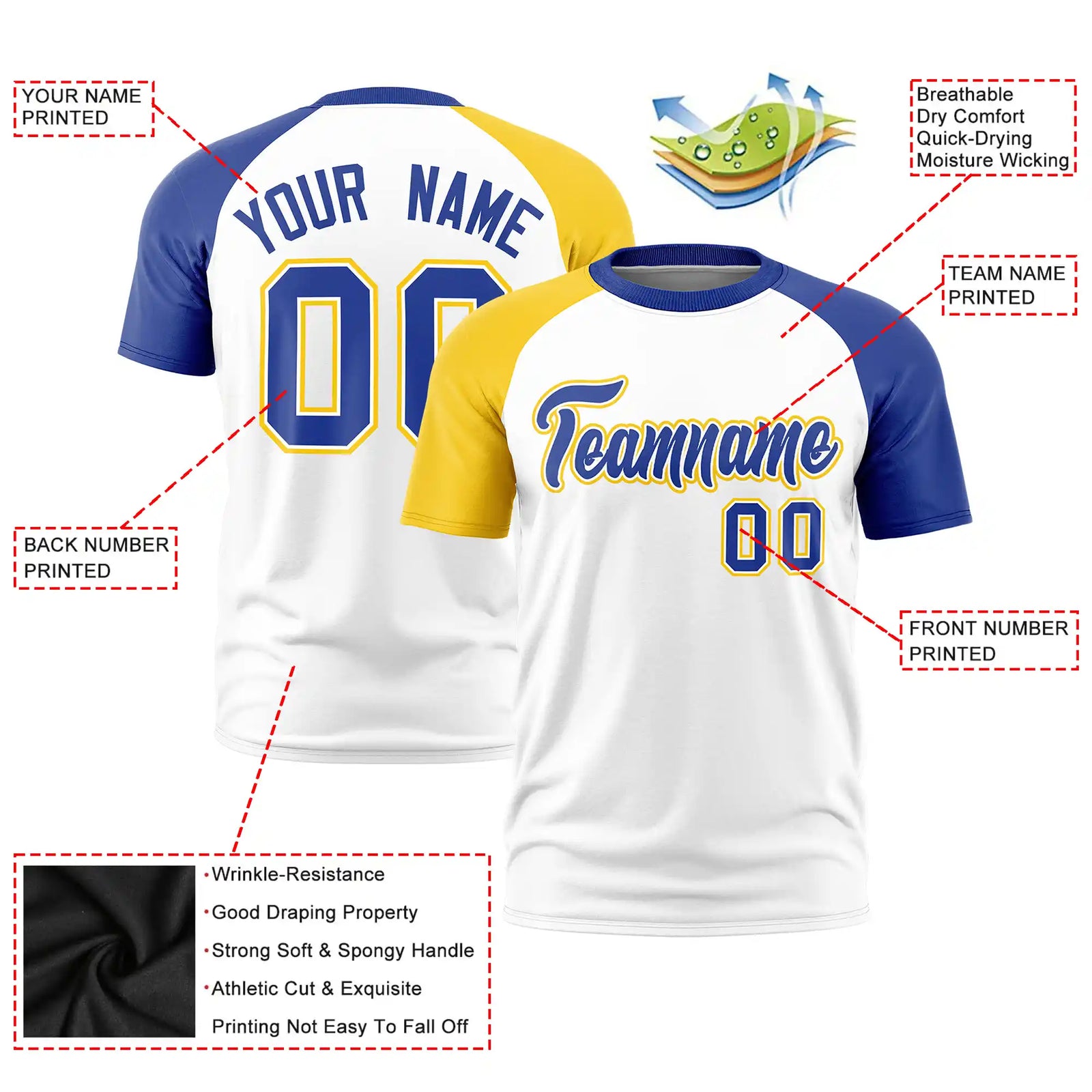 Custom White Gold01-Royal Blue Crew Neck Two Tone Sleeve Design Performance T-Shirt