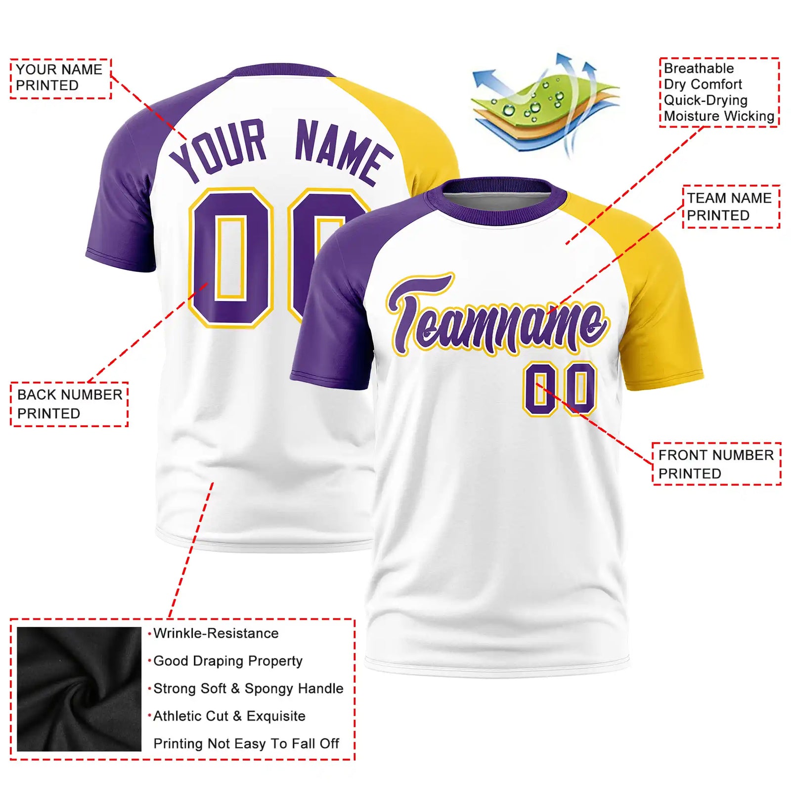 Custom White Purple-Gold01 Crew Neck Two Tone Sleeve Design Performance T-Shirt
