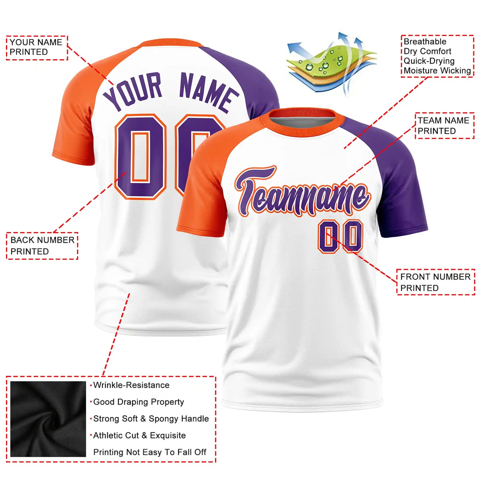 Custom White Orange-Purple Crew Neck Two Tone Sleeve Design Performance T-Shirt